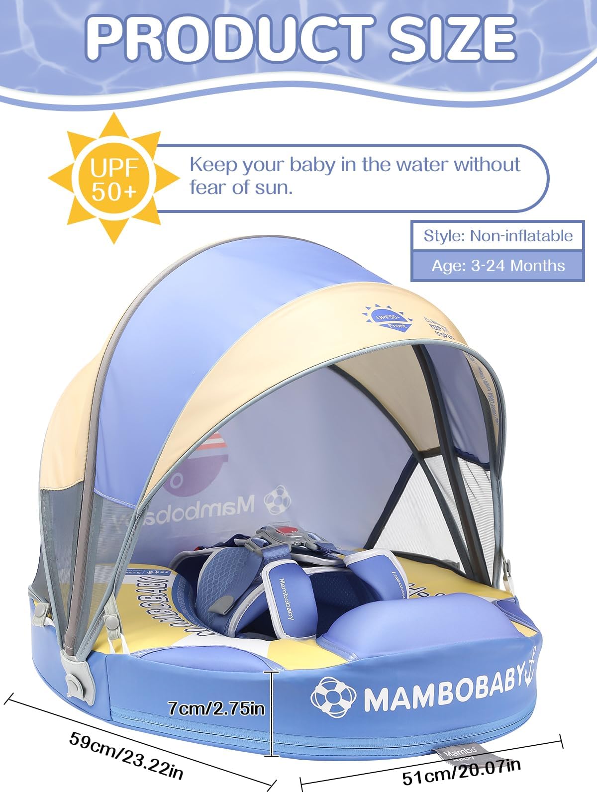 **Mambobaby Baby Pool Float with Canopy & Tile - Non-Inflatable Infant Swim Trainer Ring for Toddlers 3-24 Months - Adjustable Strap for Boys & Girls - Perfect for Beach, Pool & Summer Water Play**
