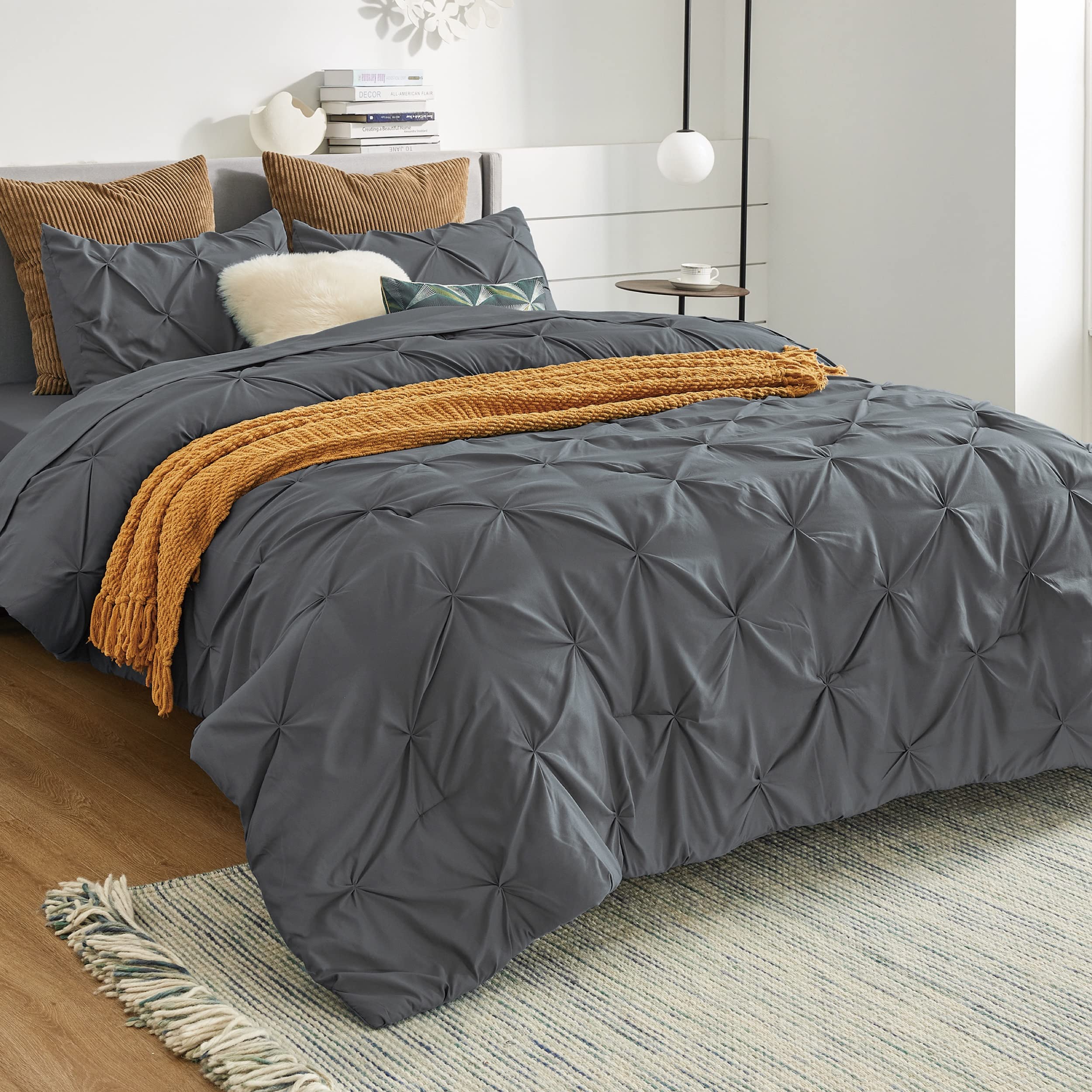Premium Oversized Queen Duvet Cover Set 100x100 Inches - Pinch Pleated Dark Grey Microfiber with Zipper Closure | 3-Piece Luxury Bedding Set for Master Bedroom & Guest Room