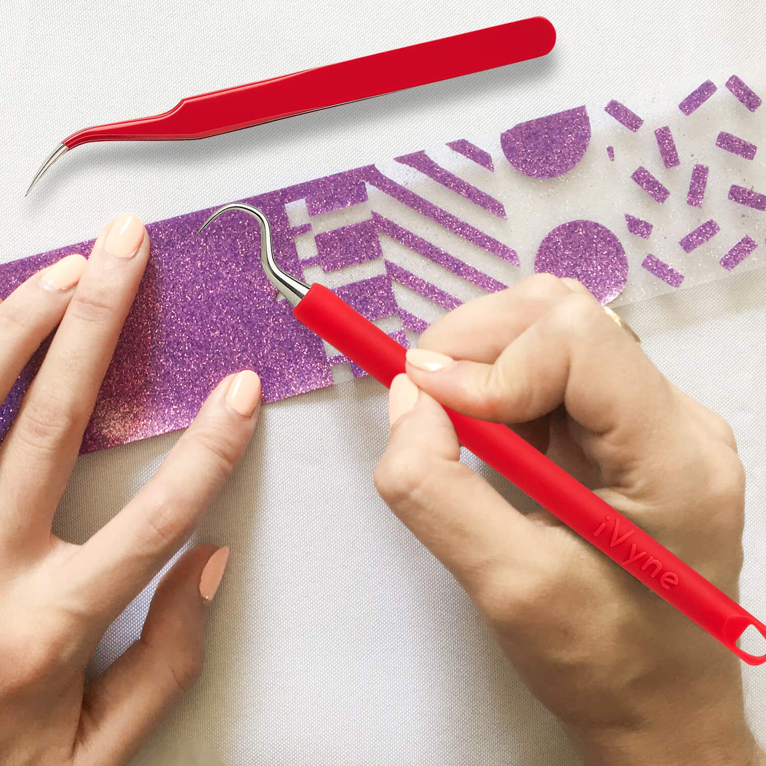 iVyne 2-Piece Silicone Weeding Tool Set for Cricut & Silhouette Cameo - Vinyl Weeder & Craft Tweezers for HTV, Adhesive Vinyl - Perfect for DIY Crafts, Scrapbooking & Decal Making - Red