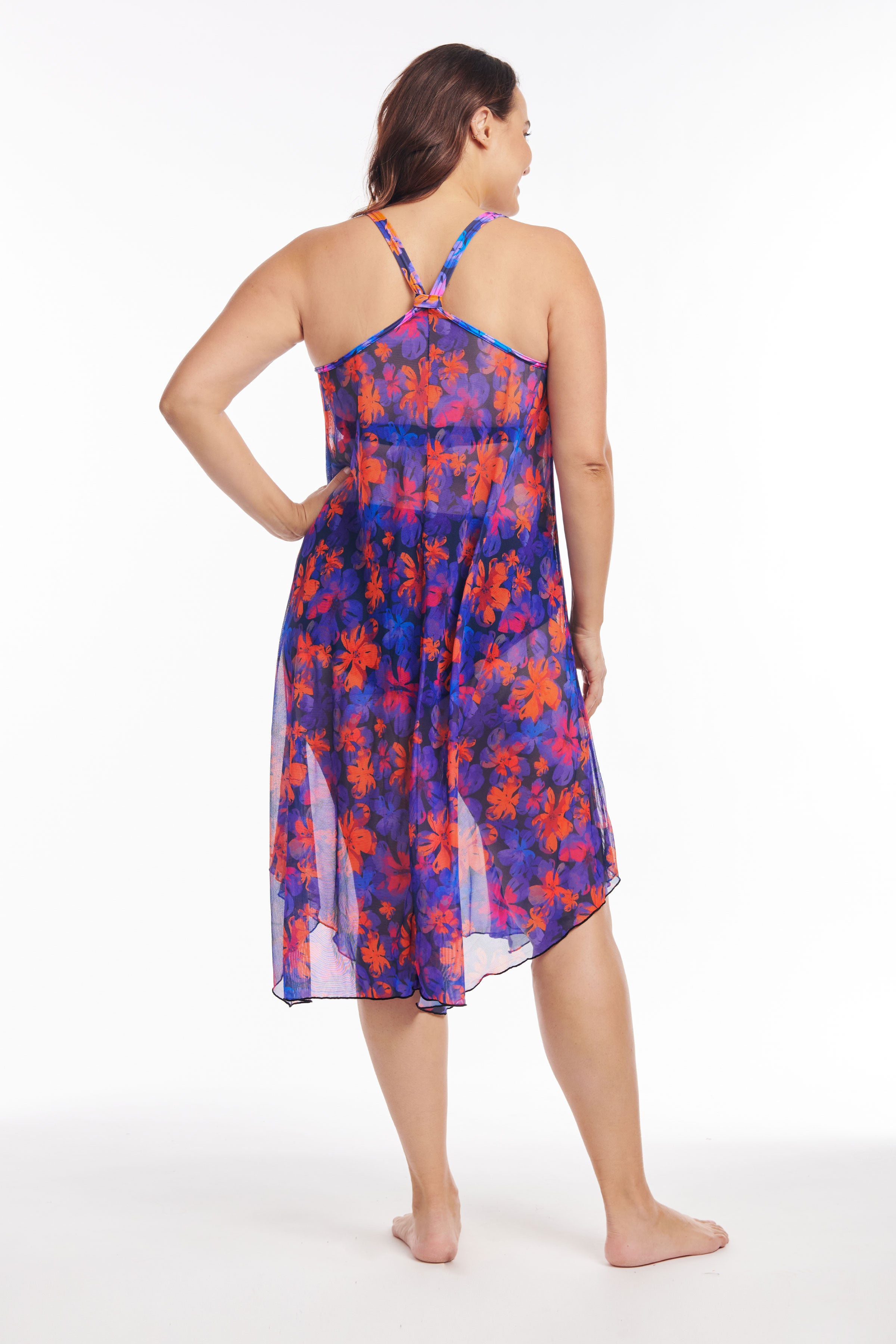 Plus Size Mid Length Flowy Mesh Coverup Tank Dress in Iridescent Blooms - Beach Cover Up, Summer Vacation Outfit, Boho Festival Wear