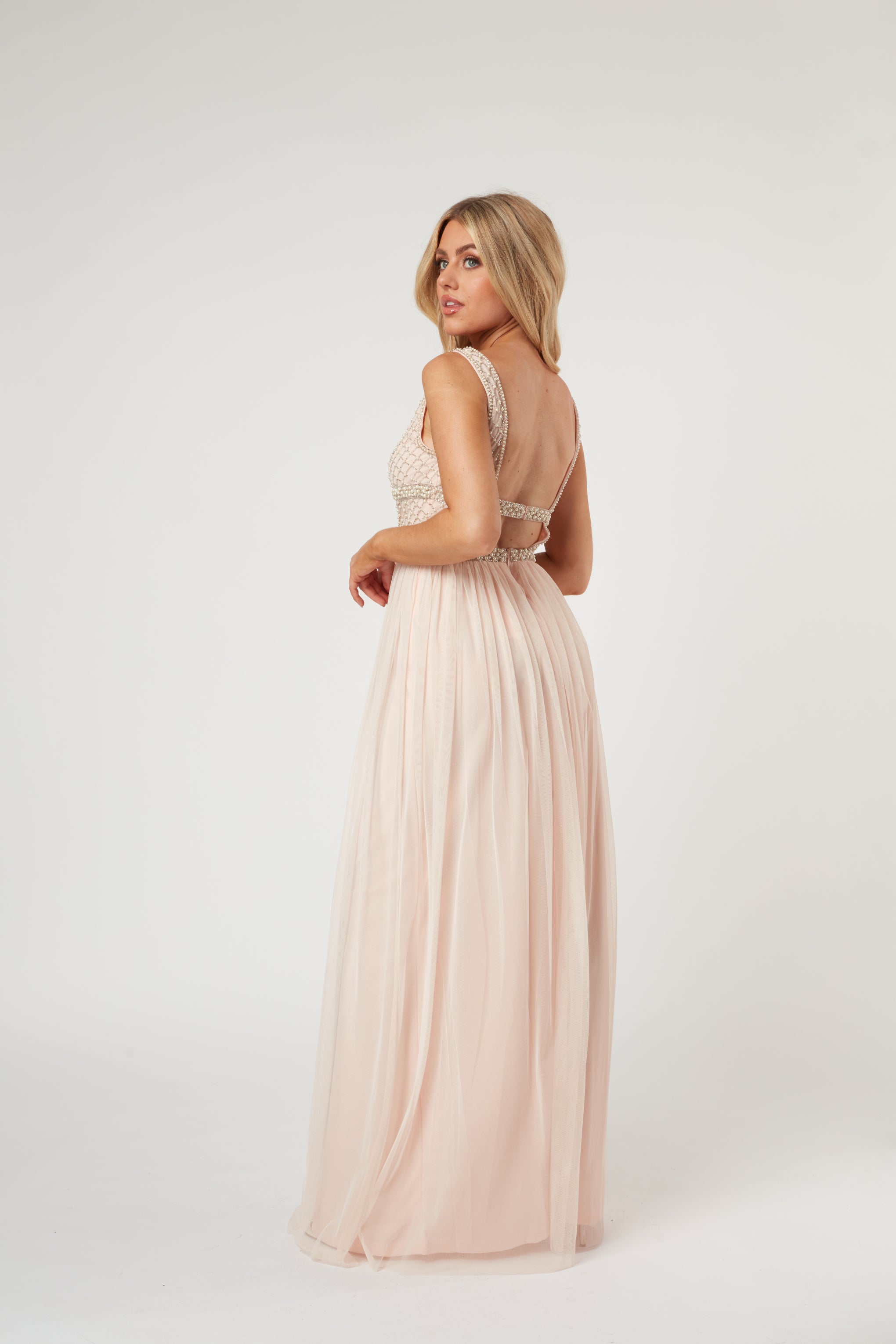 Myla Nude Embellished Maxi Dress for Women - Elegant Long Formal Gown with Intricate Details | Perfect for Weddings, Galas & Evening Events