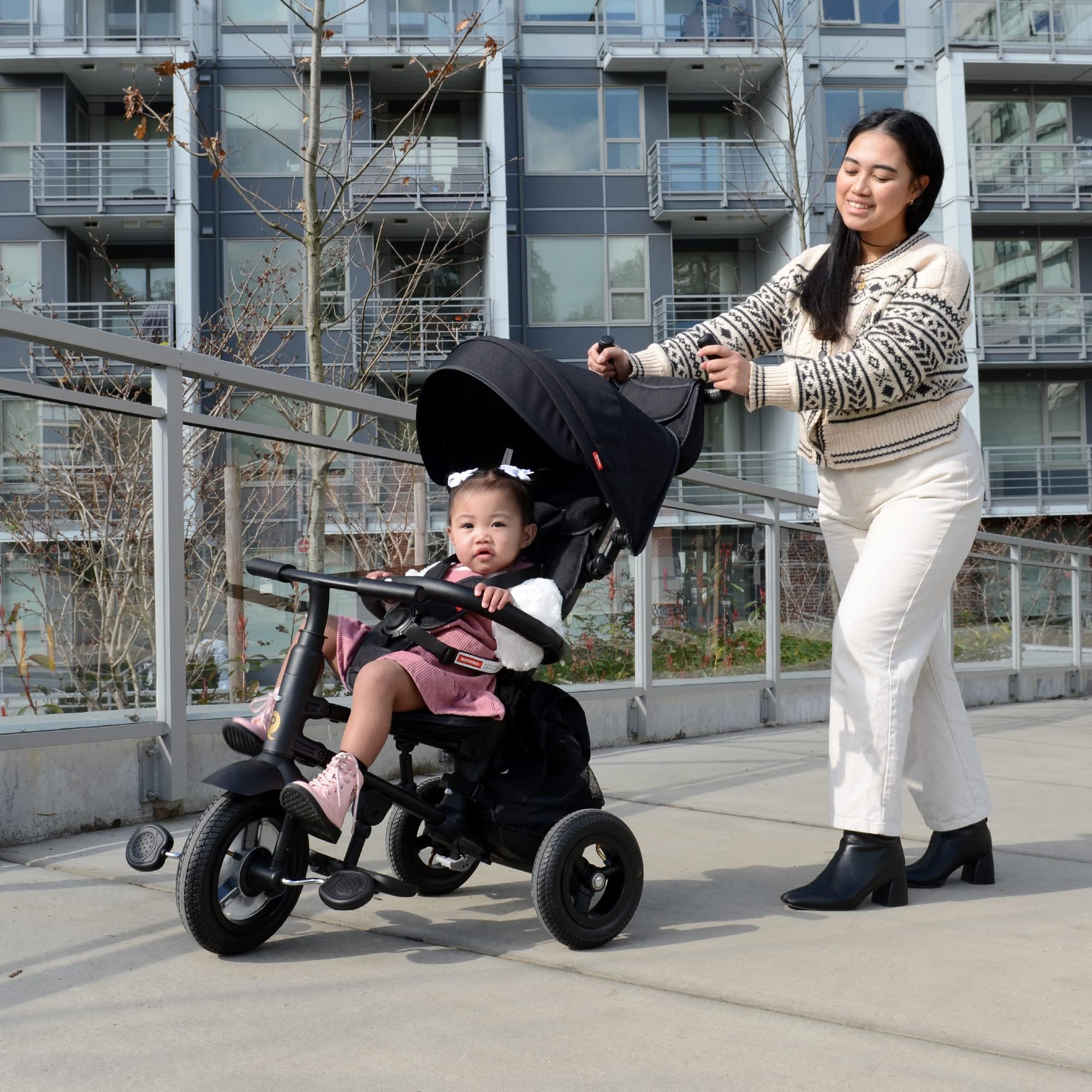 Premium Luxury Foldable Toddler Tricycle with Leather Touchpoints - QPlay Rito Push & Fold Stroller Trike for Kids Ages 12 Months to 5 Years (Midnight Black) - Perfect for Park Rides, Neighborhood Strolls & Outdoor Family Adventures