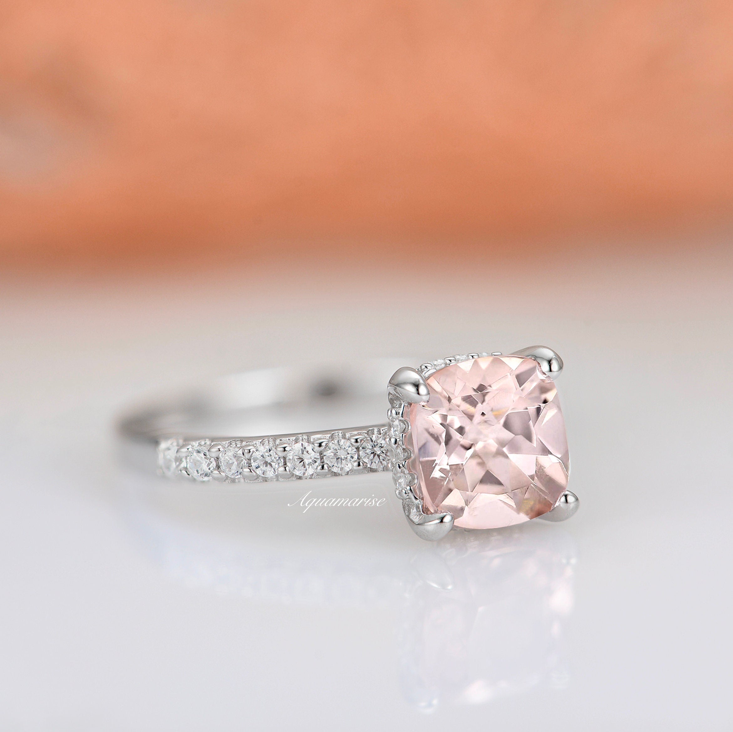 Hidden Halo Morganite Engagement Ring - Sterling Silver Wedding Band for Women, Perfect for Proposals, Anniversaries & Bridal Jewelry Gifts