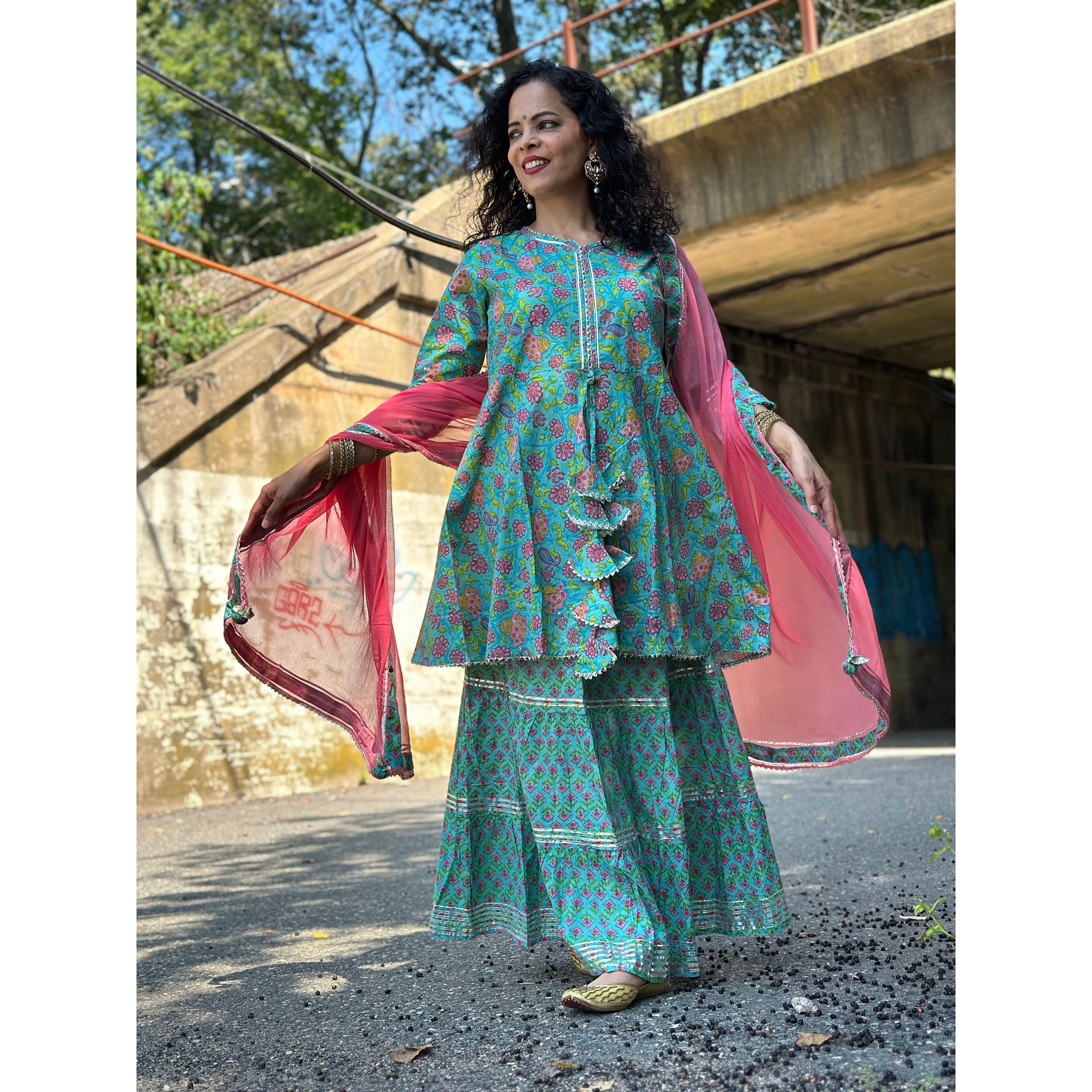 Stylish Sea Green Printed Kurti Set with Skirt & Dupatta - Perfect for Festivals, Weddings & Ethnic Occasions