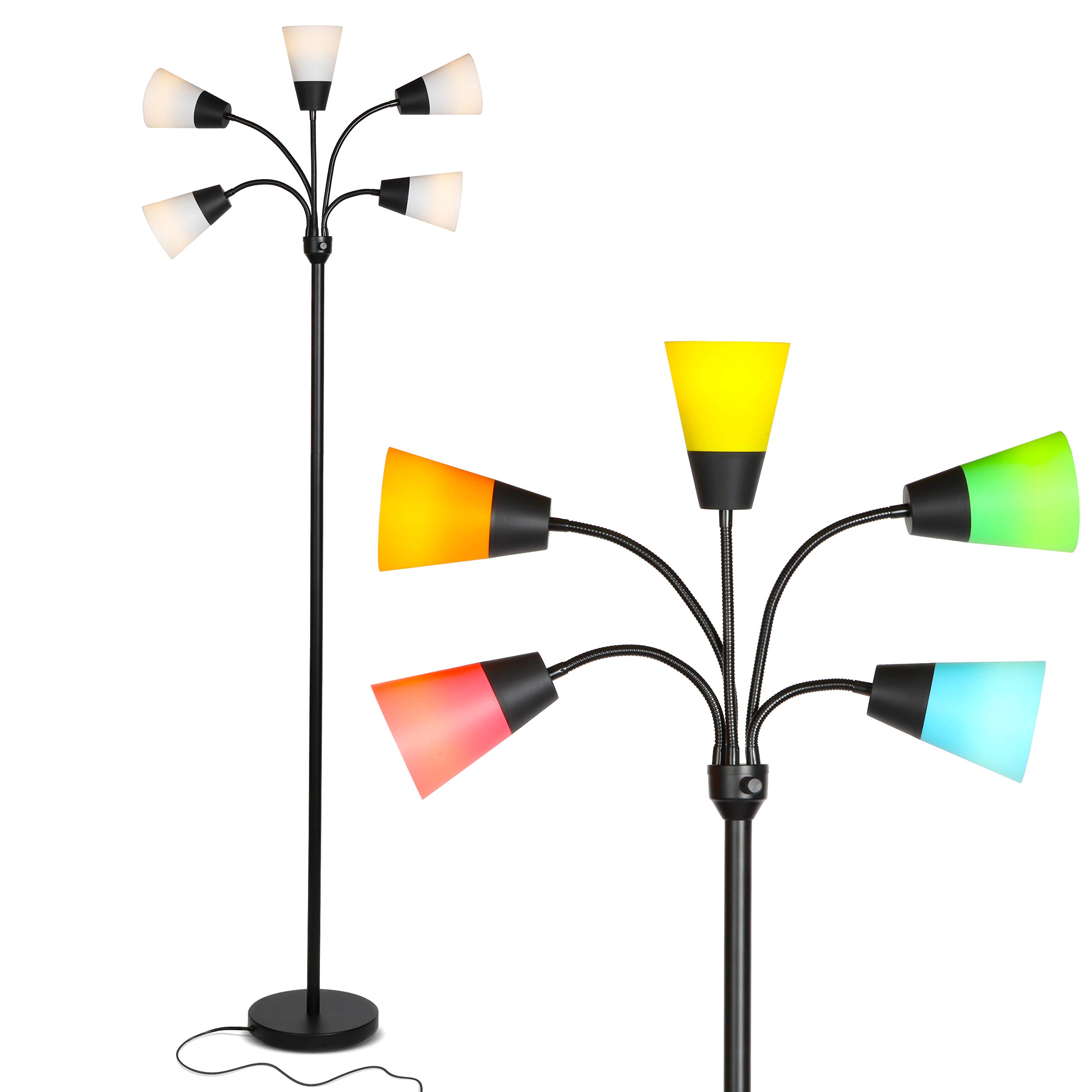 Brightech Medusa Modern LED Floor Lamp - Adjustable Multi-Head Standing Light with 5 LED Bulbs & Interchangeable Shades - Tall Contemporary Lighting for Living Room, Office, Reading Nook & Hobby Spaces - Black