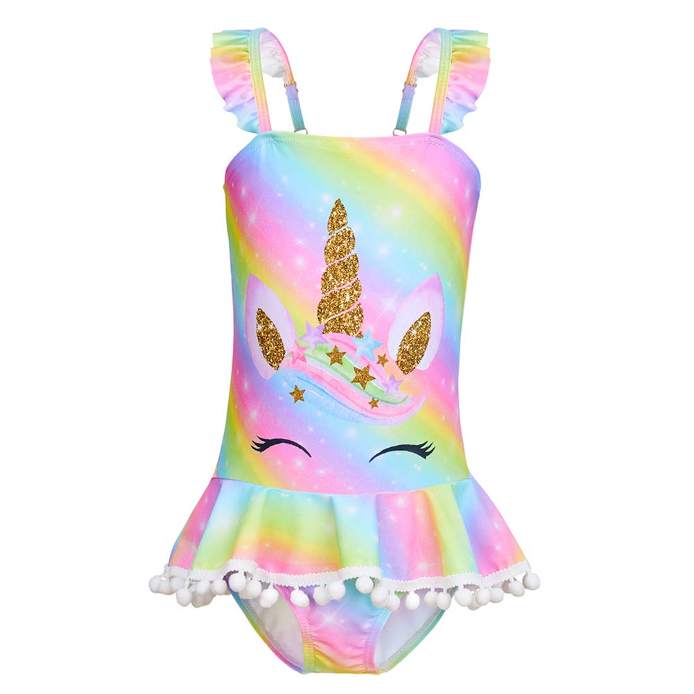 MHJY Girls Unicorn One Piece Swimsuits - Cute Ruffled Bathing Suit with Pompoms for Beach, Pool & Summer Activities | Toddler Swimwear