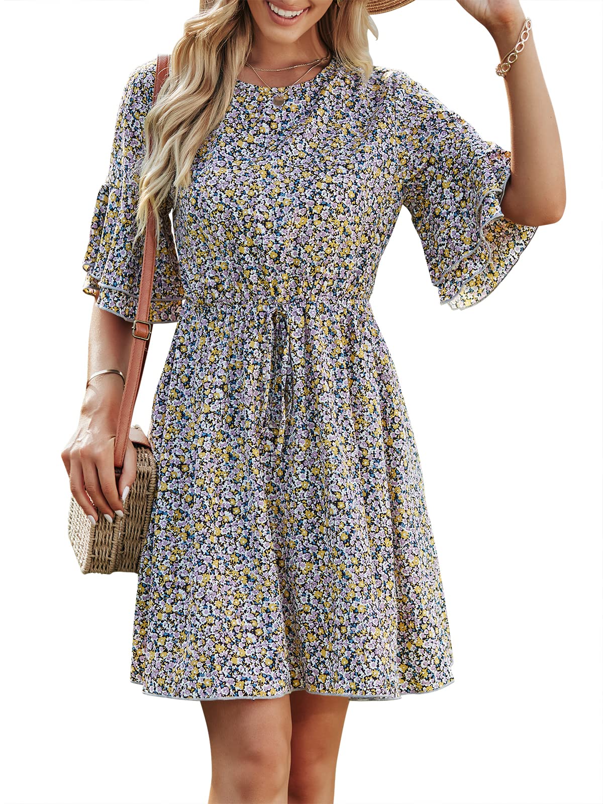 ANRABESS Women's Floral Print Ruffle Mini Dress - Bell Sleeve, Elastic Waist A-Line Swing Dress for Summer Beach Vacation & Casual Outings