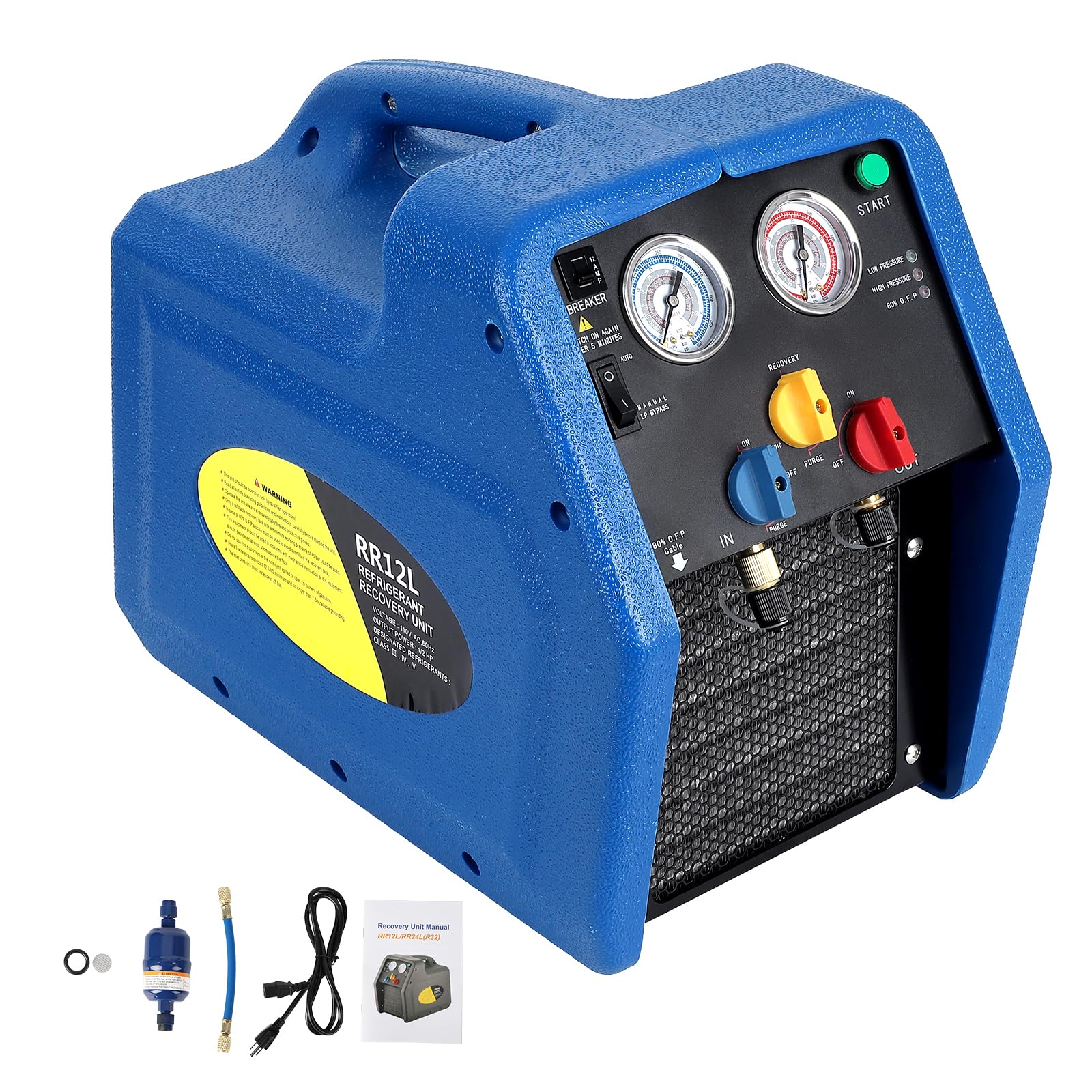 1/2HP 110V Portable Oil-Less Refrigerant Recovery Machine - Dual Cylinder for Liquid Refrigerant Recycling - Perfect for Automotive AC Repair & HVAC System Maintenance - Use in Auto Shops, HVAC Services & Refrigeration Maintenance