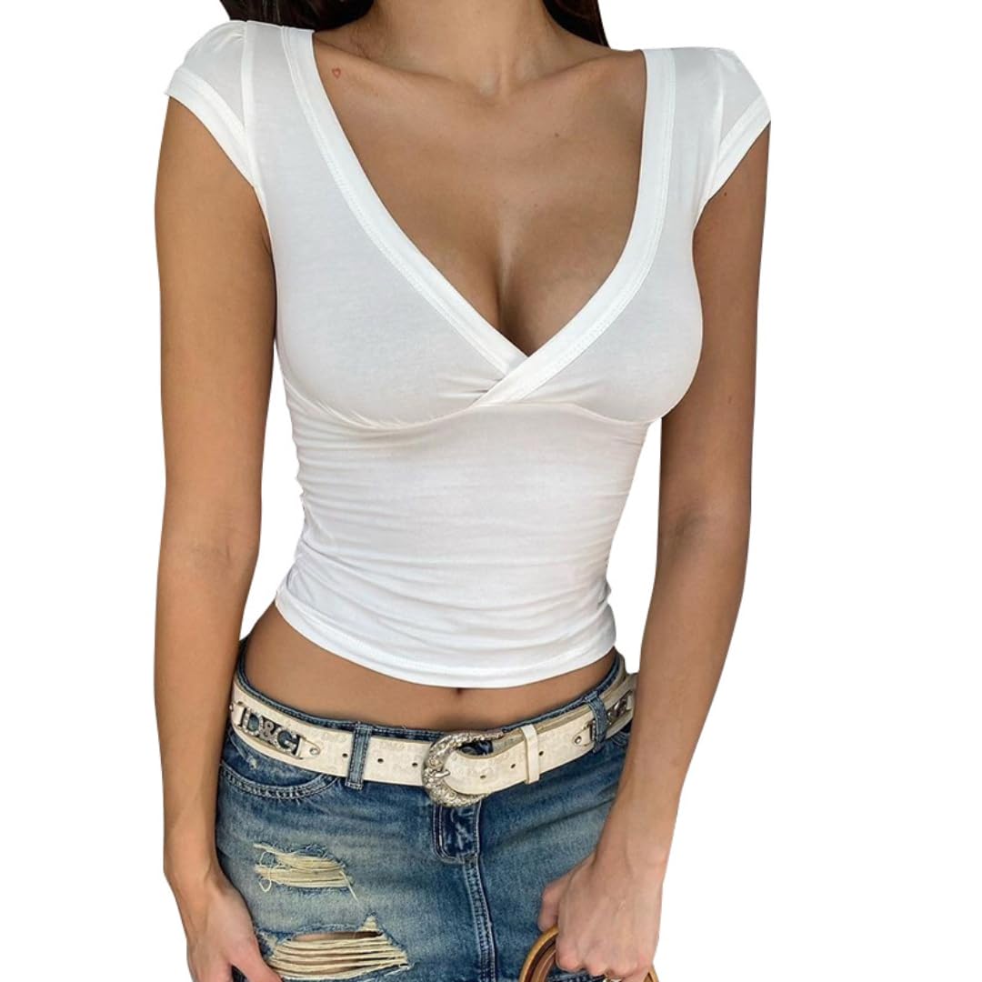 Sexy Deep V-Neck Crop Top for Women - Y2K Style Cap Sleeve Baby Tee, Slim Fit Summer Streetwear Top | Perfect for Clubbing, Beach Outings & Casual Street Style