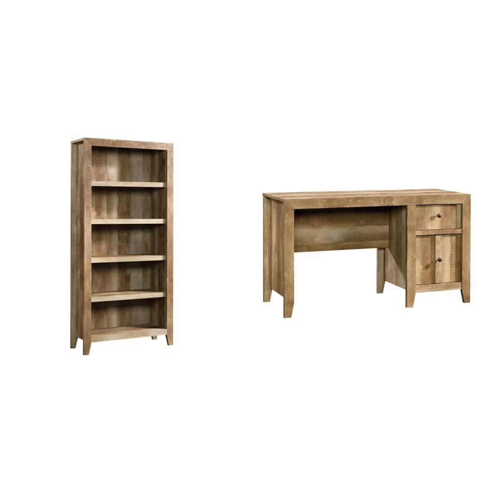 Sauder Dakota Pass 5-Shelf Bookcase with Desk - Craftsman Oak Finish - Home Office & Study Room Furniture for Books, Decor & Workspace