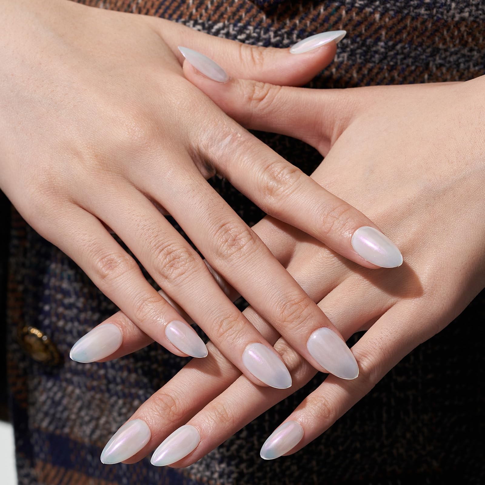 GLAMERMAID Short Almond Press on Nails - 24Pcs White Pearl Mermaid Chrome Fake Nails with Glossy UV Finish | Reusable Acrylic False Nails Manicure Kit for Women | Perfect for Spring Parties, Weddings & Everyday Glam