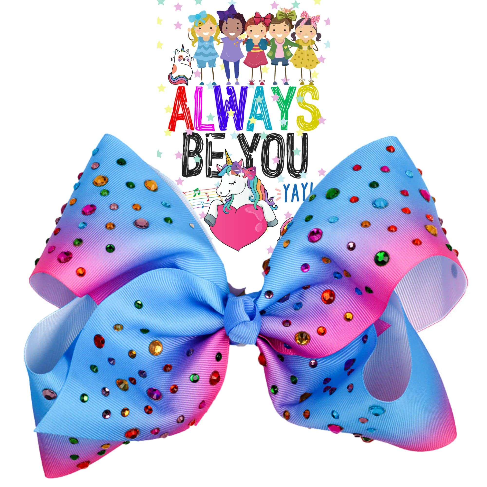 Sparkling Rhinestone Hair Bow Clip - 8 Inch Large Fashion Hair Accessories for Girls & Toddlers (Blue, Sky Blue, Pink, Rainbow) - Perfect for Cheerleading, Parties, Weddings & Everyday Wear