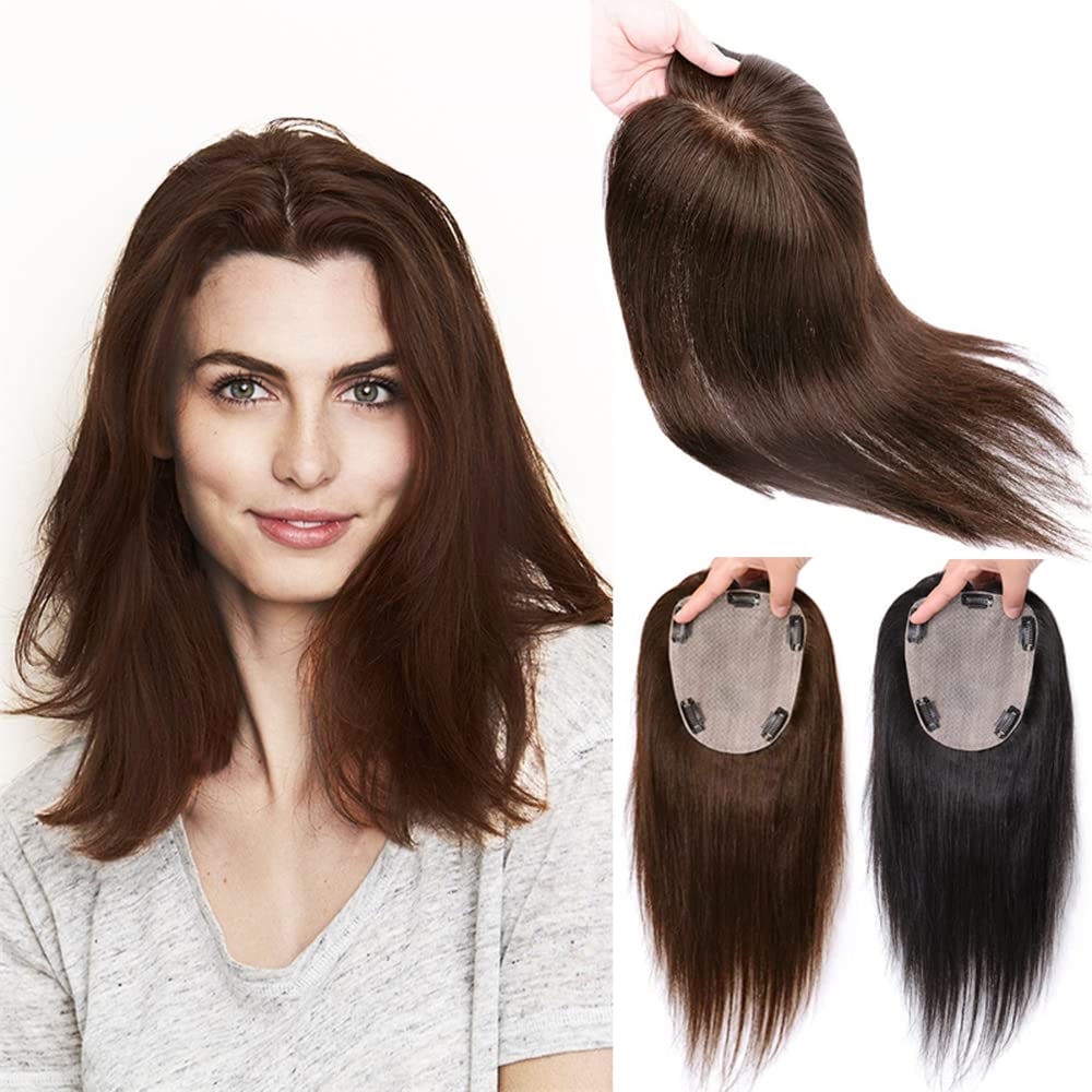8 Inch Women's Human Hair Topper - 12x13cm Silk Base Clip-in Hairpiece for Thinning Hair (Medium Brown) | Natural Looking Hair Extension for Daily Wear, Parties & Special Occasions