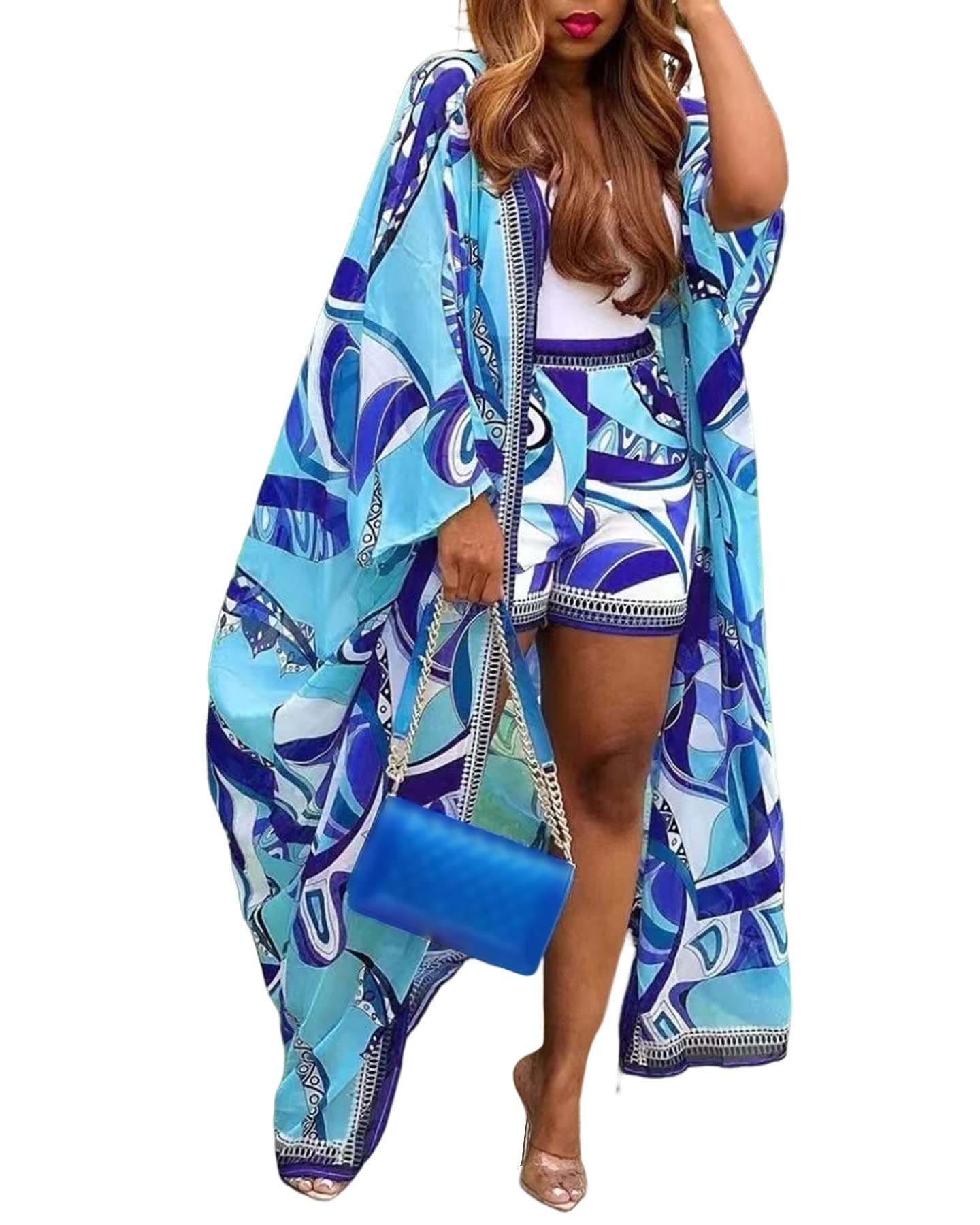 Sexy 2-Piece Women's Outfit - Beach Cover Up Shorts Set with Open Front Long Cardigan | Perfect for Summer Vacations, Pool Parties & Casual Wear