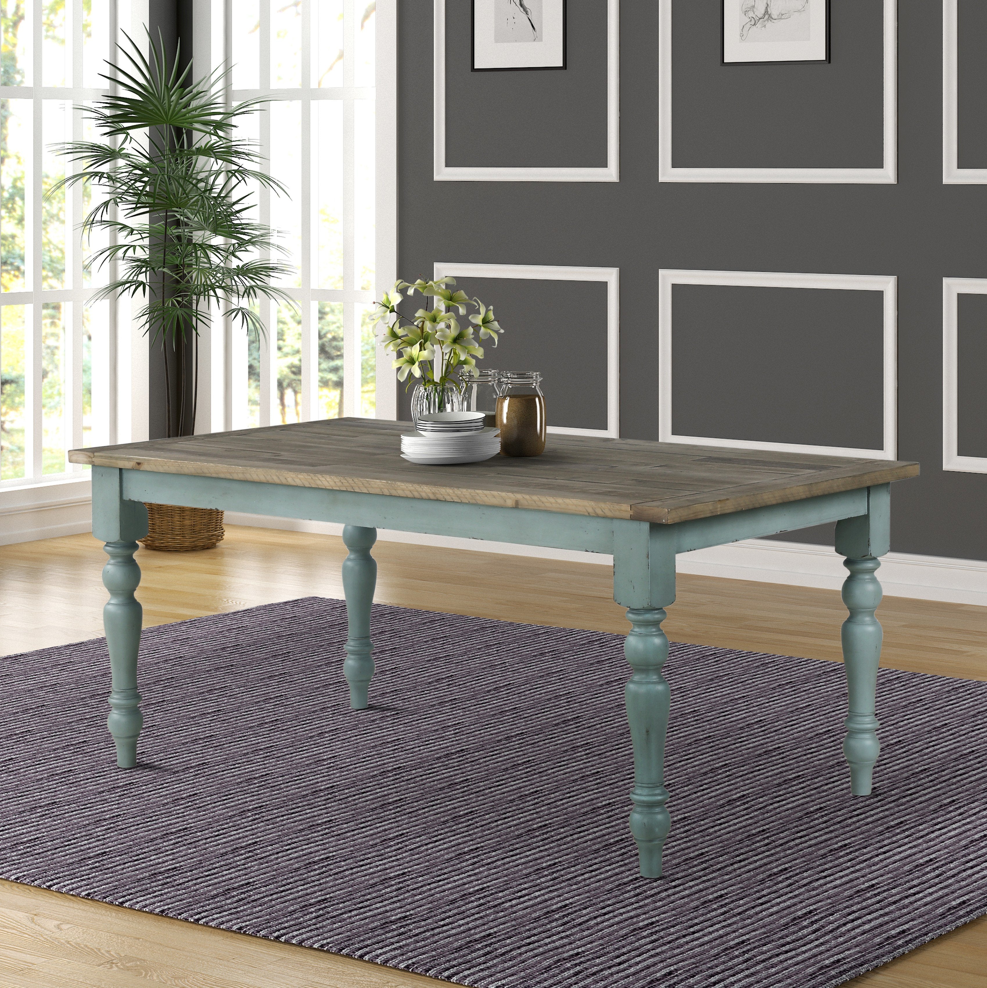 Blue and Brown Two Tone Wood Dining Table - Modern Farmhouse Style for Kitchen, Dining Room & Small Space | Solid Wood Construction & Durable Finish