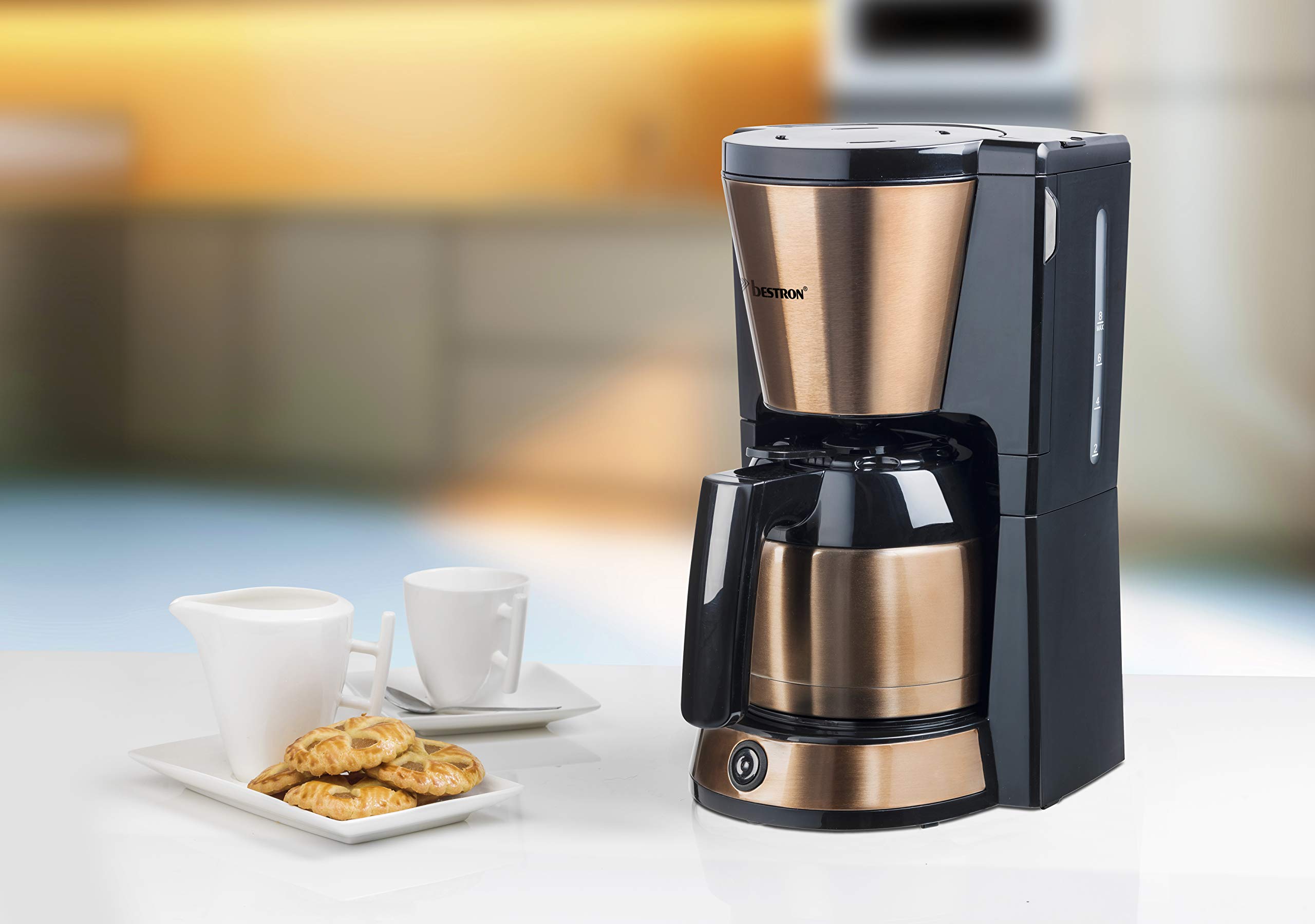 8-Cup Stainless Steel Coffee Maker with Copper Accents - 900W Fast Brewing for Home, Office & Restaurant Use