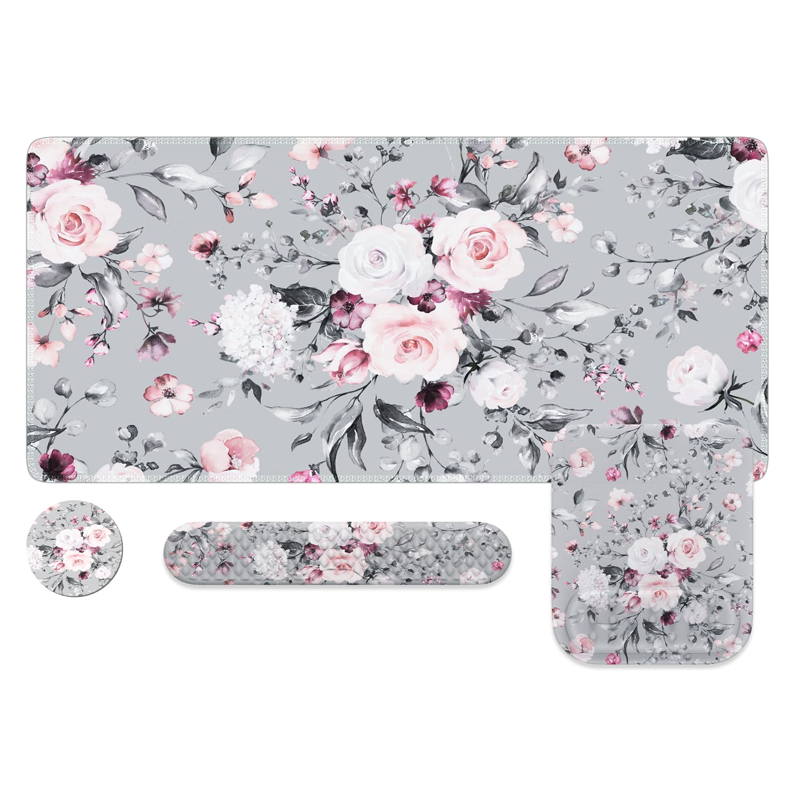 HAOCOO Ergonomic Mouse Pad with Wrist Rest Set - Large Computer Desk Mat with Wrist Support, 4-Piece Desk Pad with Coaster - Comfortable Gaming Mousepad for Laptop & Office Use (Gray Rose Floral) - Perfect for Long Work Hours, Gaming Sessions & Typing Comfort