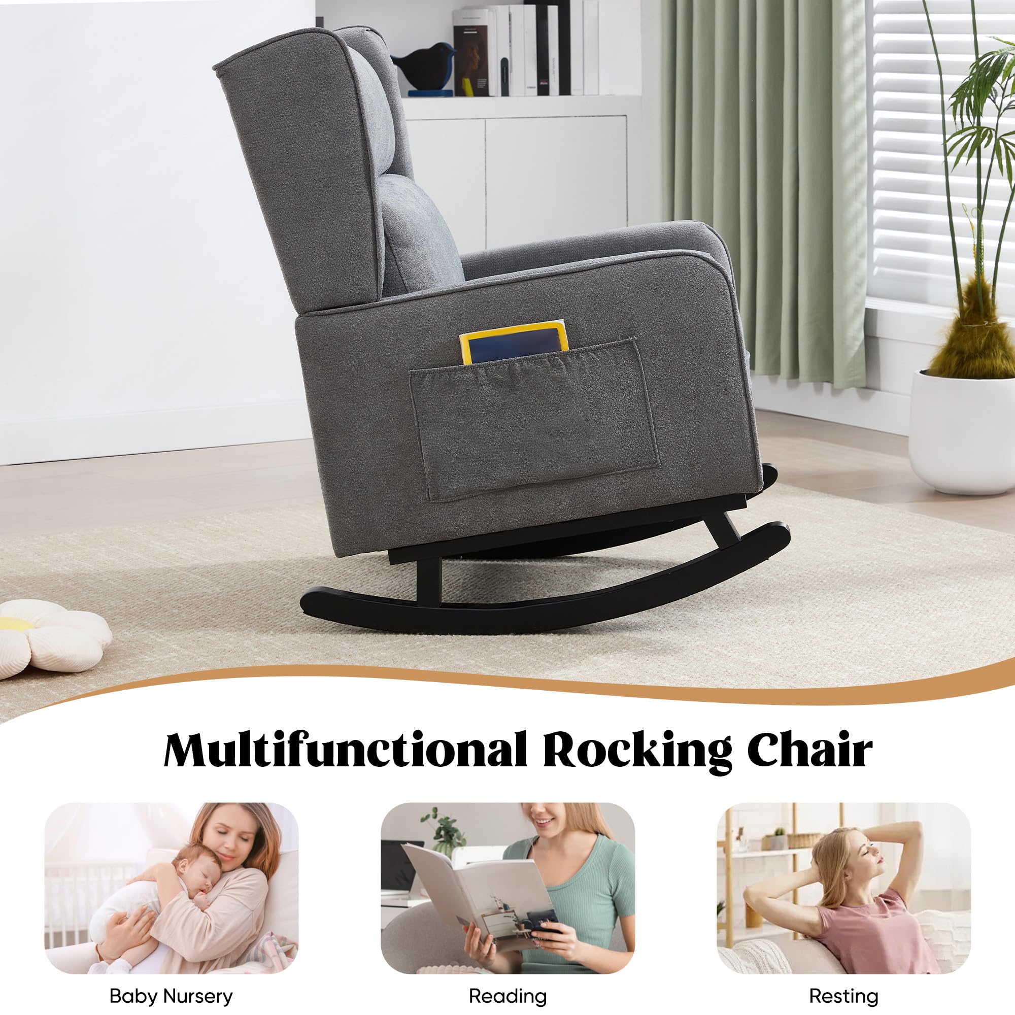 Modern Nursery Rocking Chair for Mom - High Backrest Solid Wood Rocker, Wingback Accent Chair for Reading in Living Room & Bedroom - Deep Grey | Perfect for Nursing, Relaxing & Nursery Decor