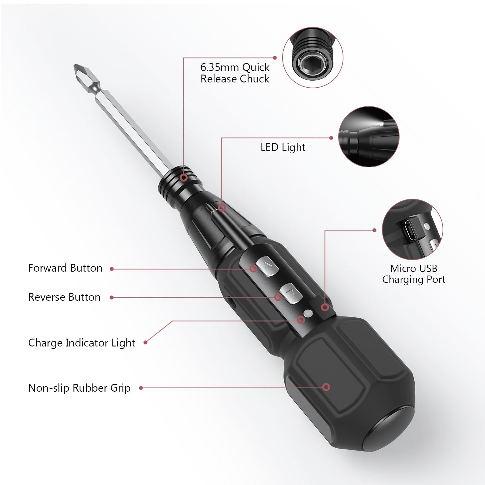 LOFICOPER Cordless Electric Screwdriver Set - Rechargeable Mini Power Tool with 10 Bits, LED Light & Charging Cable - Perfect for Phone Repair, PC Maintenance, Eyeglass Assembly & DIY Projects - Black