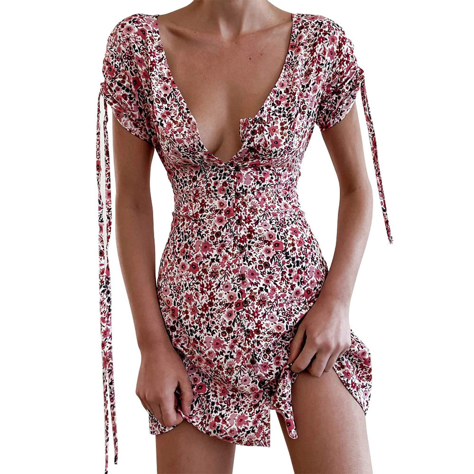 Floral V-Neck Short Sleeve Mini Swing Dress for Women - Summer Party, Wedding Guest, Clubwear & Casual Outfit