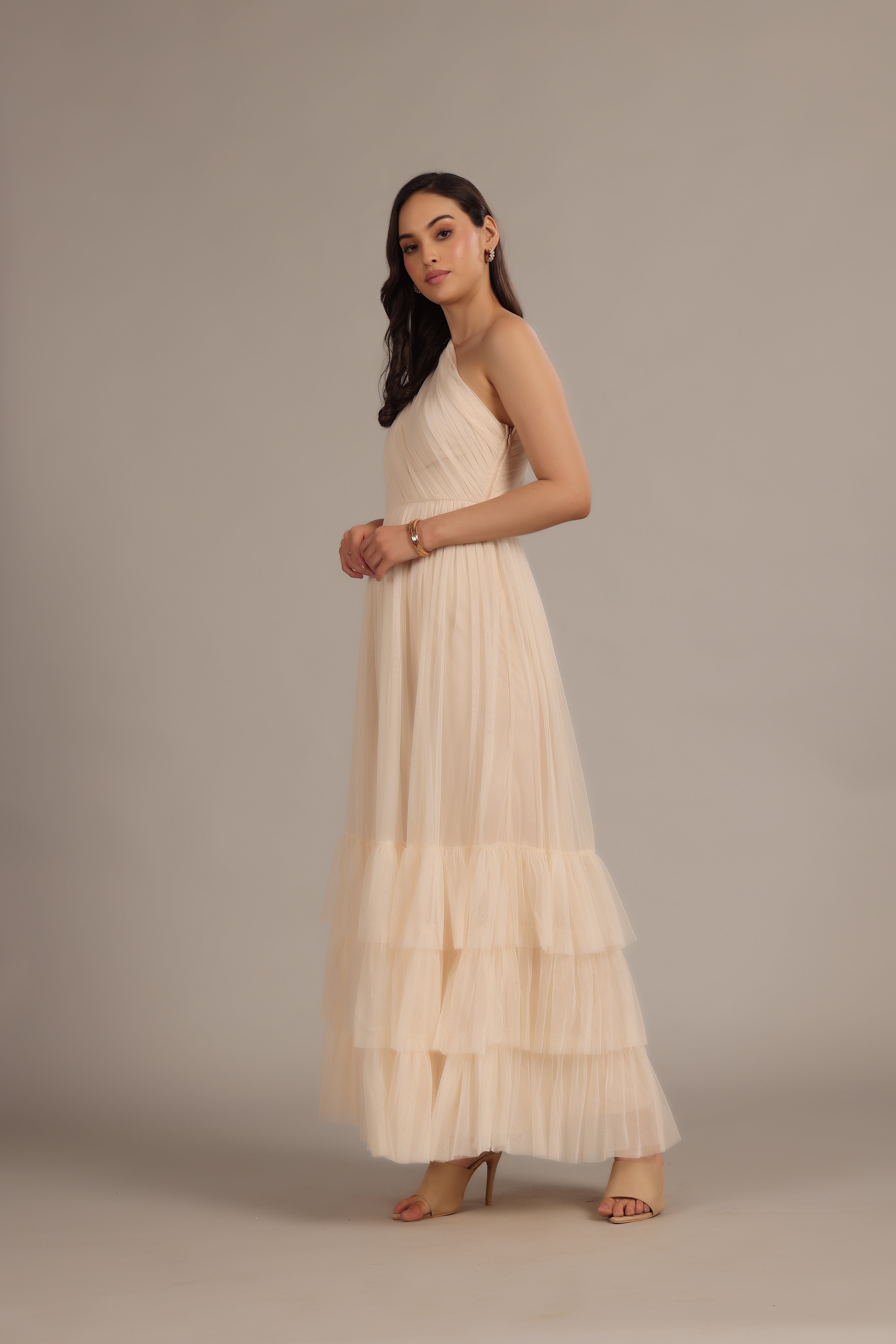 Nicolette Elegant One Shoulder Long Maxi Dress in Champagne - Perfect for Weddings, Parties & Evening Events