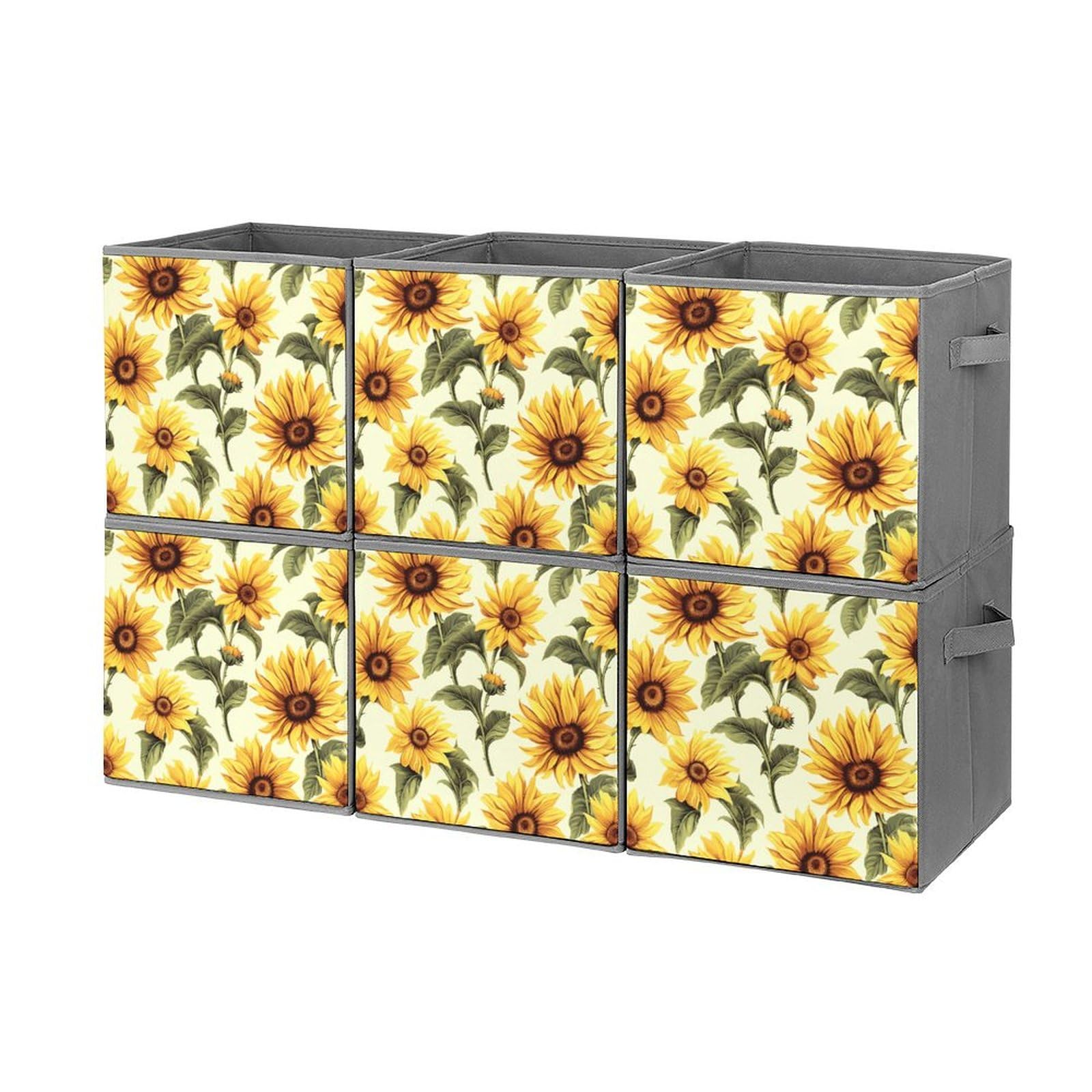 6-Piece Collapsible Storage Bins with Handles - Summer Sunflower Printed Foldable Organizing Baskets for Home, Closet, Shelves & Office - Space Saving Storage Containers for Household Organization