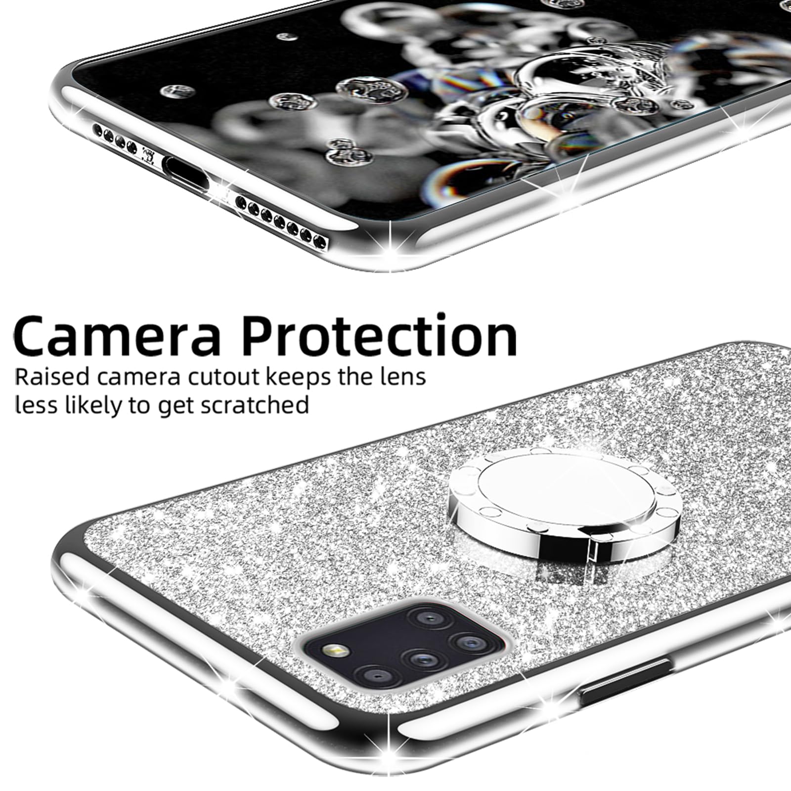 Cute Glitter TPU Phone Case for Samsung Galaxy A31 - Shockproof Protective Cover with Diamond Ring Stand & Strap Lanyard - Silver | Perfect for Women & Girls, Ideal for Daily Use, Work, Travel & Outdoor Activities