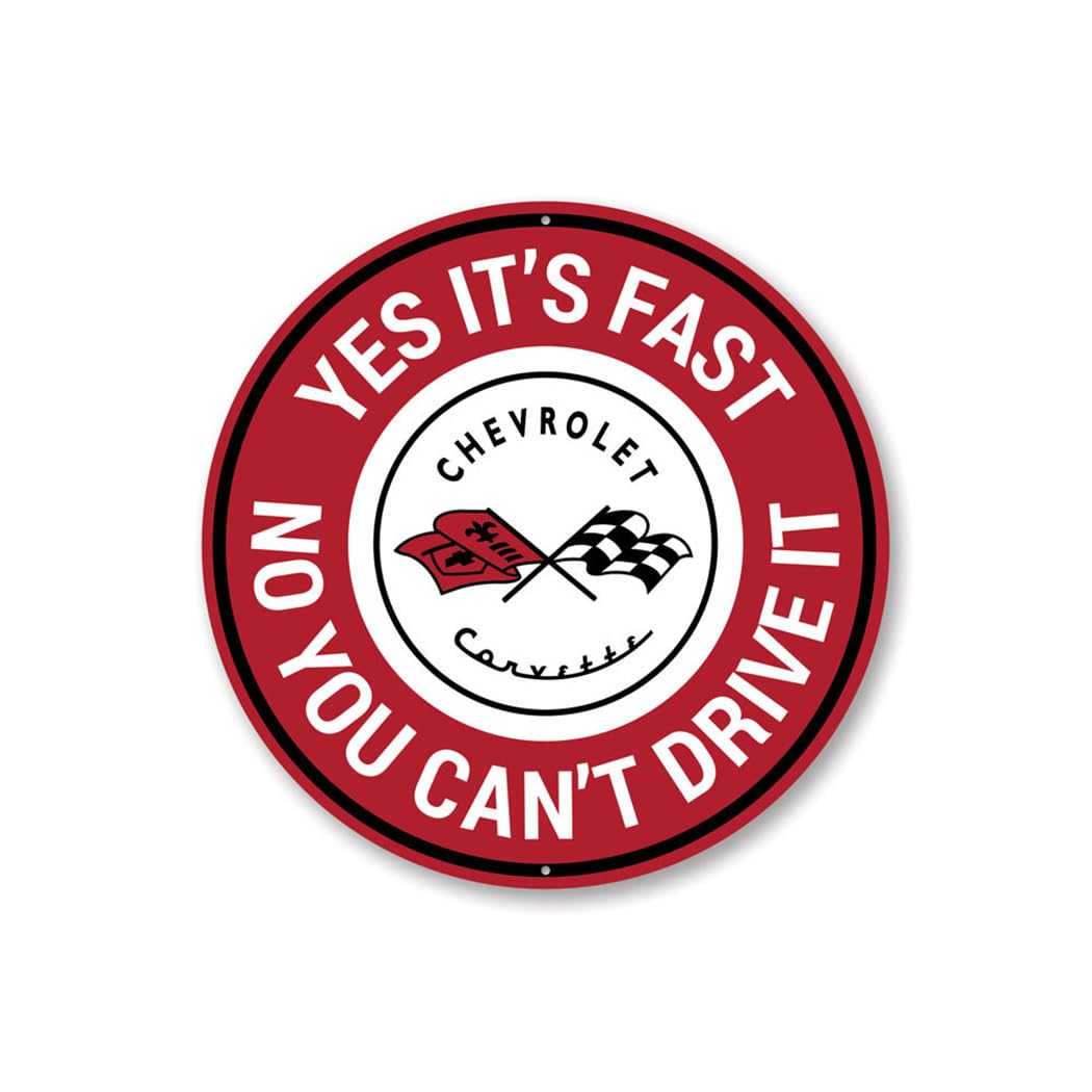 Chevy Corvette 'Yes It's Fast' Aluminum Garage Sign - 12 Inch Round Car Decor for Man Cave, Auto Shop & Racing Enthusiasts