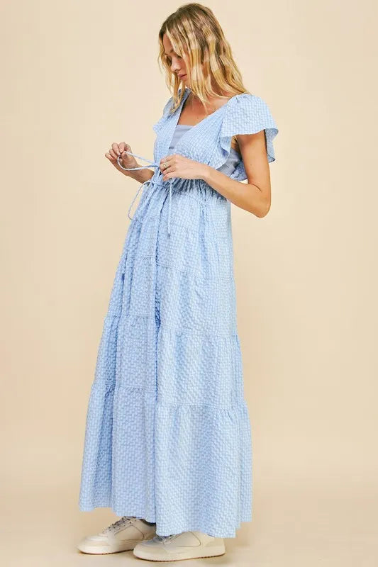 Crinkled Texture Blue Summer Midi Dress - Flowy Casual Beach Dress for Women | Perfect for Vacations, Date Nights & Outdoor Parties