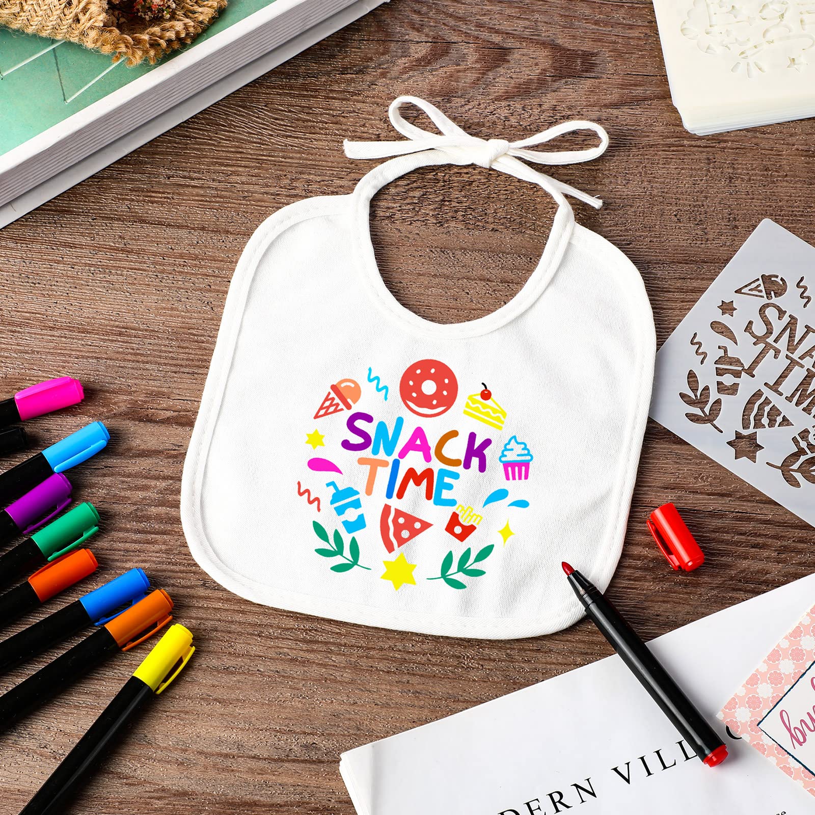 Jutom 38-Piece DIY Baby Bib Decorating Kit - 14 Bibs, 14 Stencils, 10 Fabric Markers & 2-Ply Feeder Bibs for Baby Shower Games, Birthday Parties & Creative Crafting