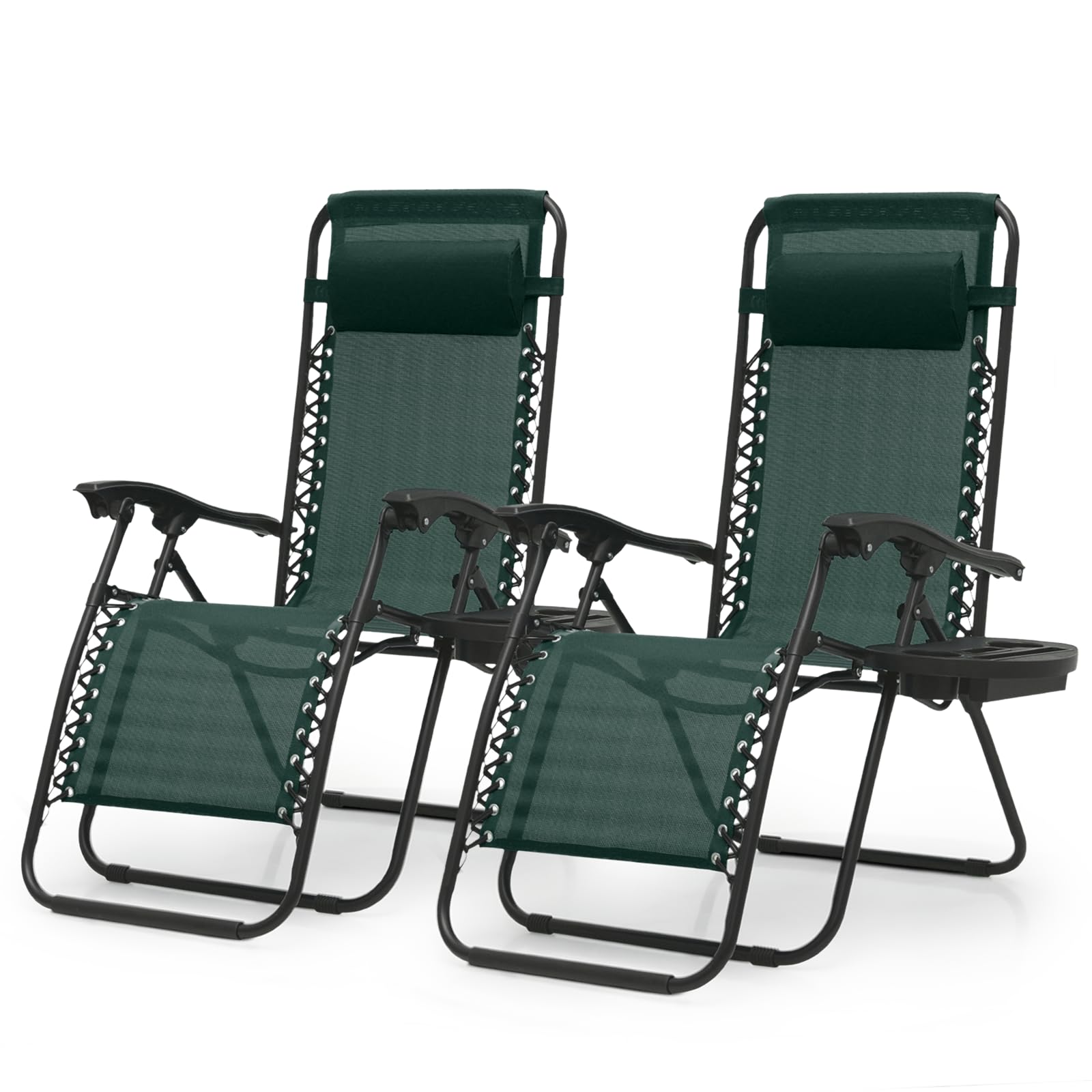 Magshion Zero Gravity Lounge Chairs Set of 2 - Adjustable Outdoor Patio Recliners with Side Tray & Pillow Headrest - Foldable Anti-Gravity Chairs for Backyard, Poolside, Camping, Beach - Green (Perfect for Relaxing in Garden, Patio or Vacation)