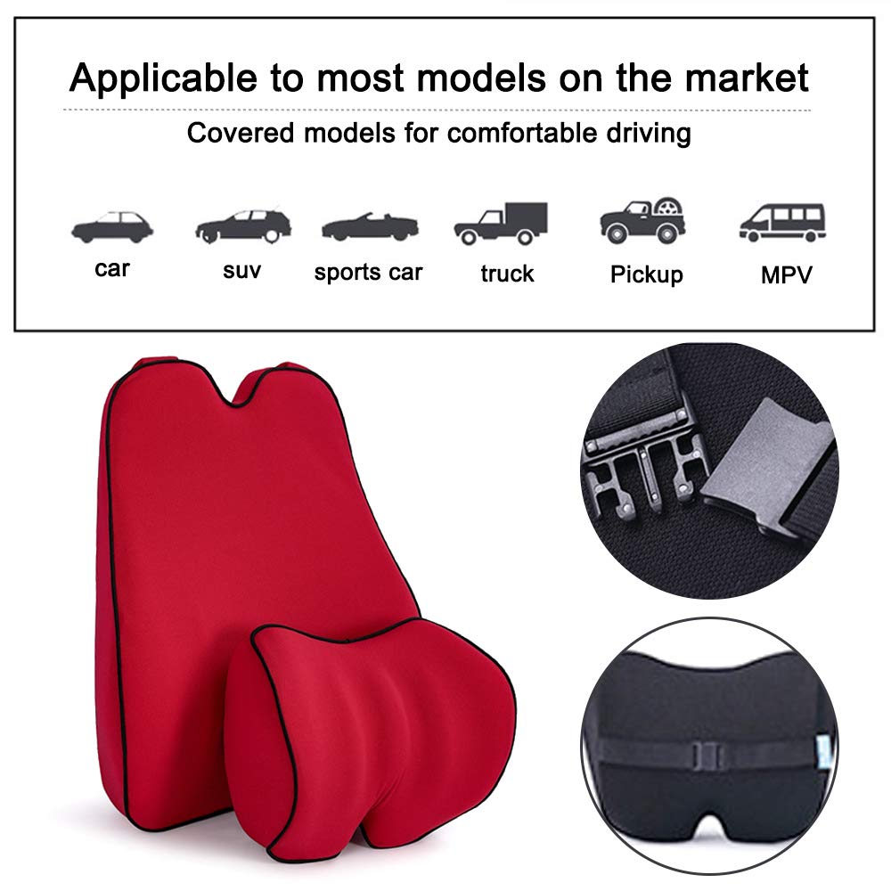 Memory Foam Car Lumbar Support & Neck Pillow Set - Ergonomic Back Pain Relief Cushion for Mazda CX-3/CX-5/MX-5/M2/M3/Axela/M6/Atenza/CX-7/M5/CX-9 - Red (1PC) - Perfect for Long Drives & Road Trips