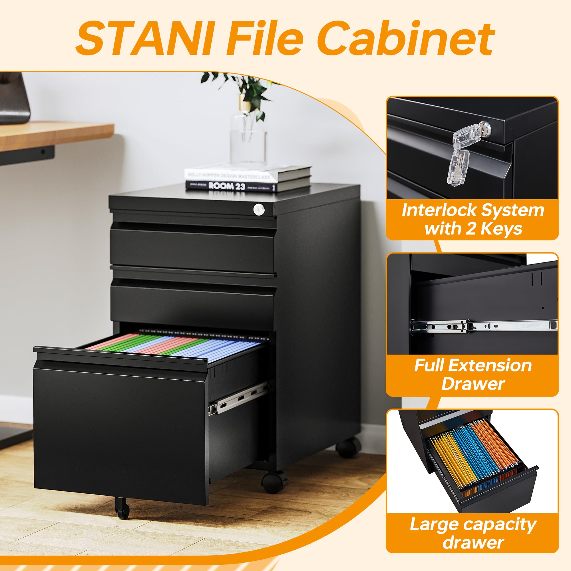STANI 3-Drawer Locking Mobile File Cabinet with Wheels - Rolling Metal Office Storage Cabinet for Under Desk Use - Fully Assembled for Easy Setup - Perfect for Home Office, School, and Workspace Organization