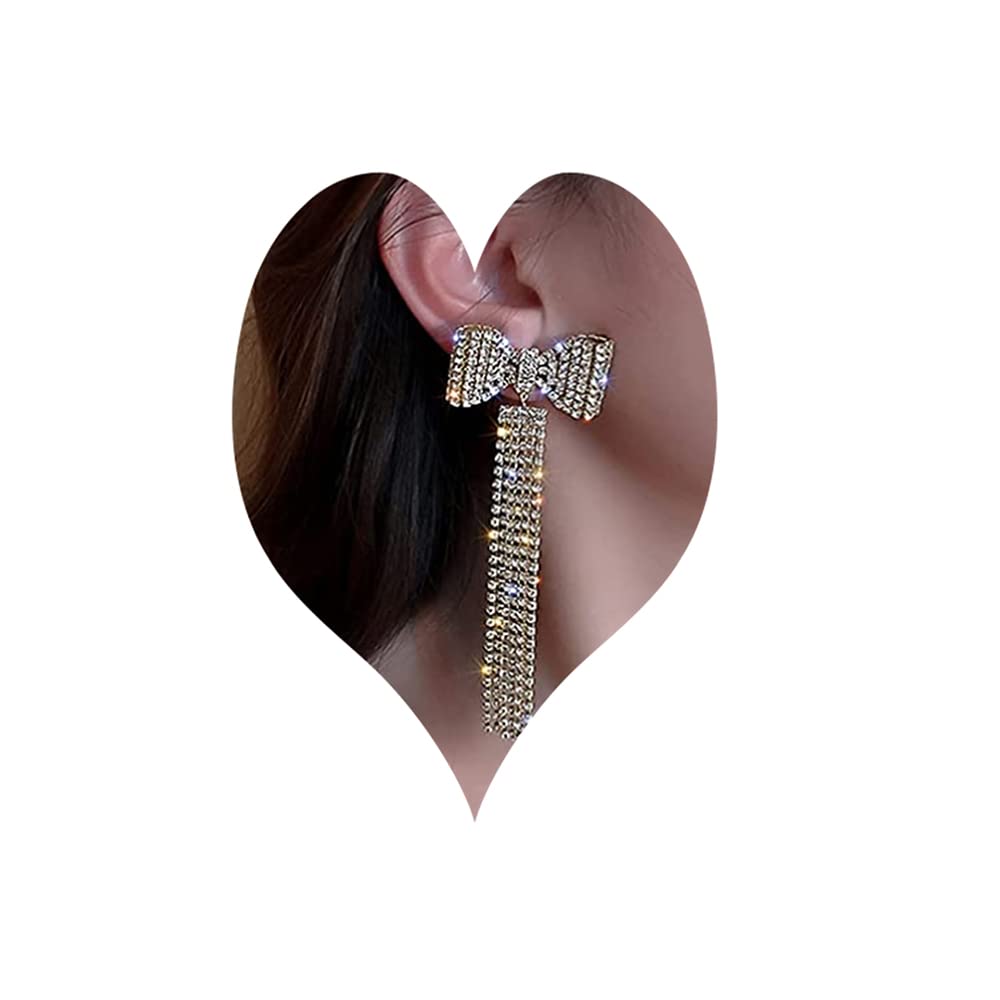 Wiwpar Elegant Long Fashion Bow Tassel Earrings for Women - Sparkling Rhinestone Dangle Earrings with Diamond Accents | Perfect for Parties, Weddings & Special Occasions
