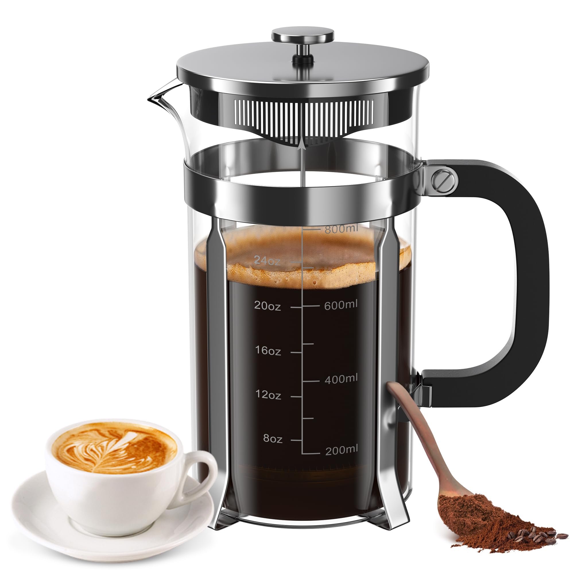 Premium Stainless Steel French Press Coffee Maker - 34oz (1L) Borosilicate Glass, Heat Resistant for Hot & Cold Brew Coffee, Tea & Espresso - Perfect for Home, Office & Camping Use