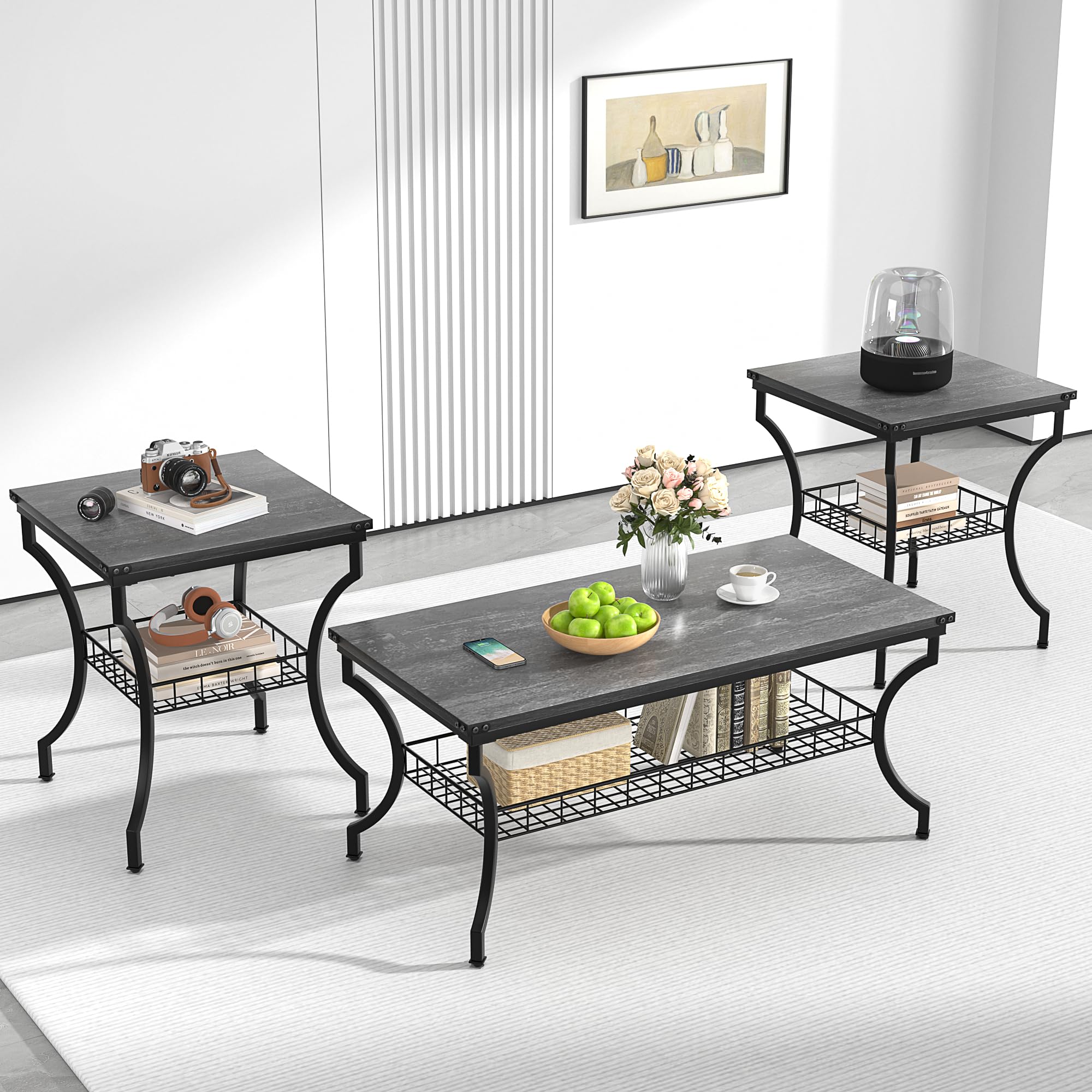 VECELO 3-Piece Living Room Set - Modern Coffee Table and End Tables with Open Storage Shelves, Easy Assembly, Dark Grey - Perfect for Apartments, Home Offices & Small Spaces | Ideal for Living Room Decor, TV Stand, and Extra Storage
