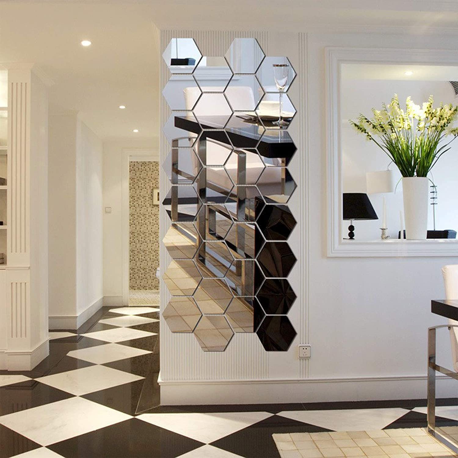 Hexagon Mirror Wall Stickers - 12 Pack Self-Adhesive Silver Acrylic 3D Mirror Tiles for Home Decor | DIY Wall Art for Living Room, Bedroom, Bathroom | Modern Geometric Wall Decals for Home & Office Interior Design