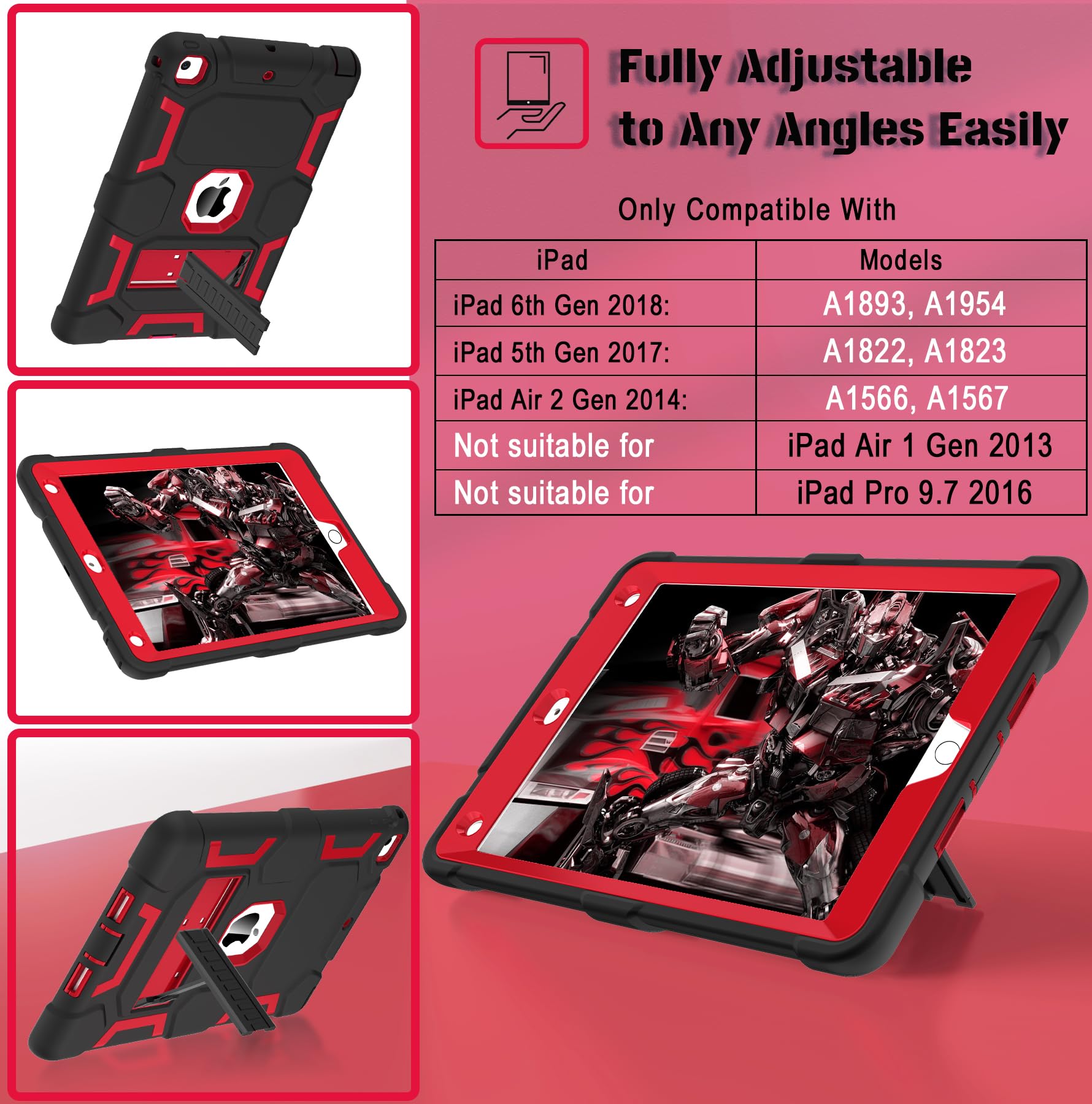Shockproof iPad 9.7 Case with Kickstand - Compatible with iPad 6th/5th Gen (2018/2017), iPad Air 2 (2014) | Hybrid Protective Cover for Kids & Boys (Black+Red) | Perfect for School, Travel & Daily Use