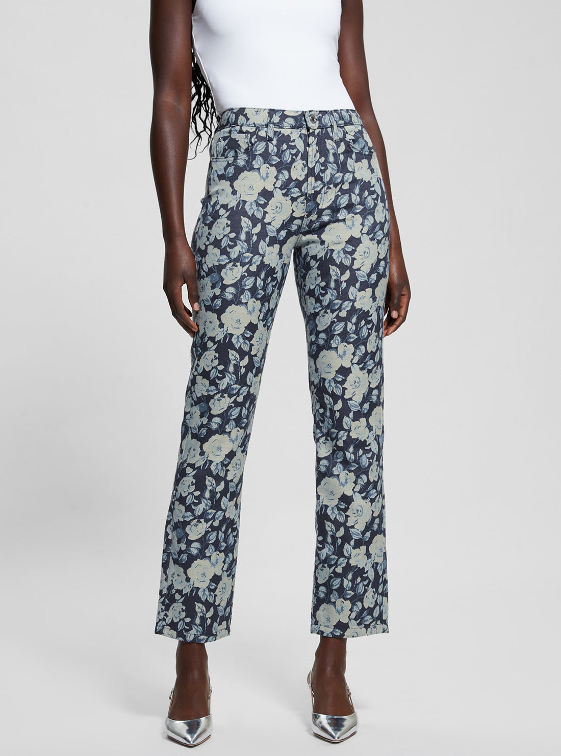 Blue Floral Jacquard Pants for Women - Elegant and Feminine High Waisted Trousers for Casual Wear, Office, and Special Occasions