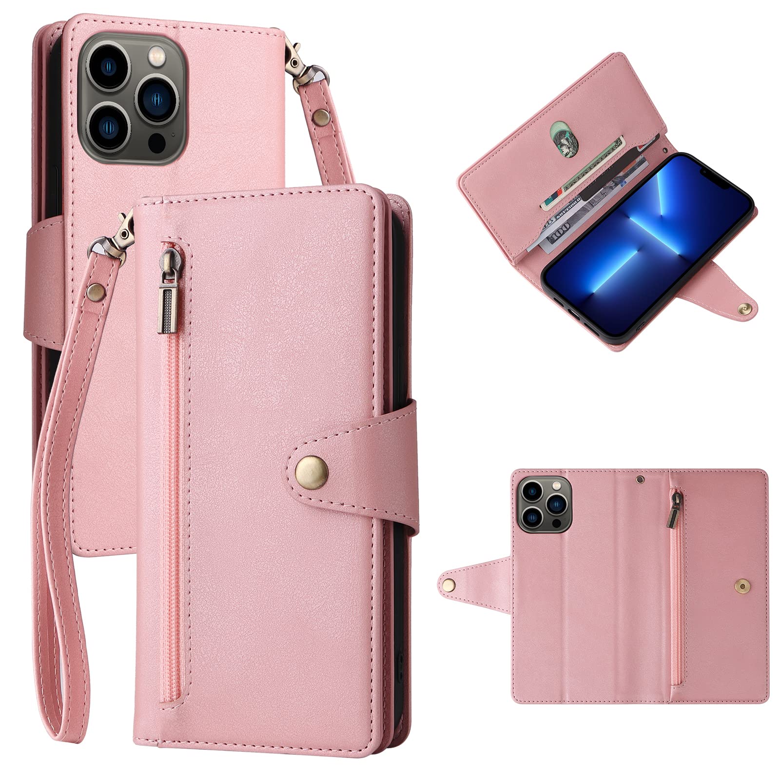 Premium PU Leather Wallet Case for iPhone 13 (6.1 Inch) with Card Slots, Magnetic Closure & Kickstand - Shockproof Flip Cover with Wrist Strap - Perfect for Daily Use, Travel & Hands-Free Viewing (Pink)