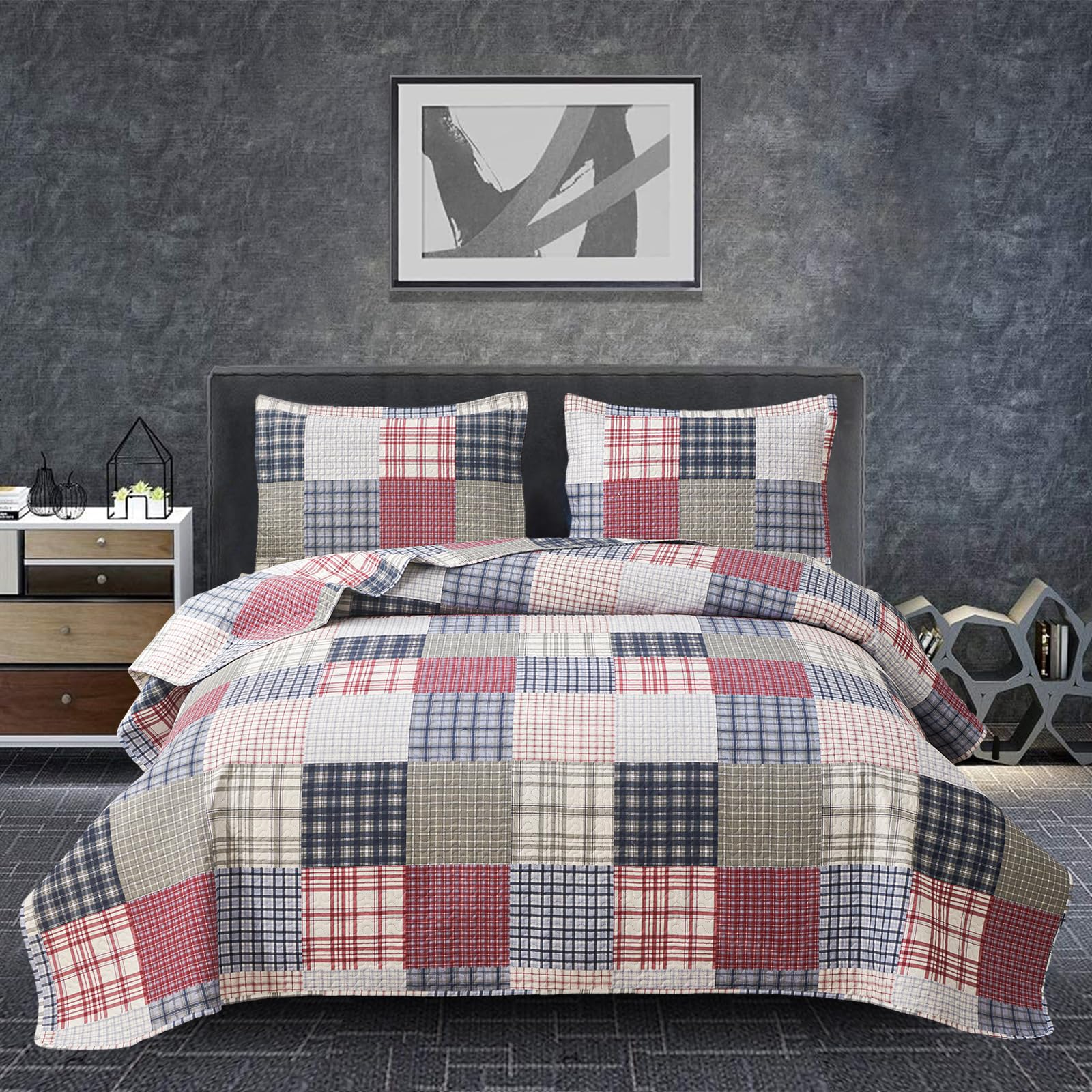**King Size Plaid Quilt Set - Reversible Red Blue White Patchwork Bedspread Coverlet | Soft Microfiber Lightweight All-Season Bedding for Boys & Men | Perfect for Bedrooms, Dorms, and Guest Rooms**