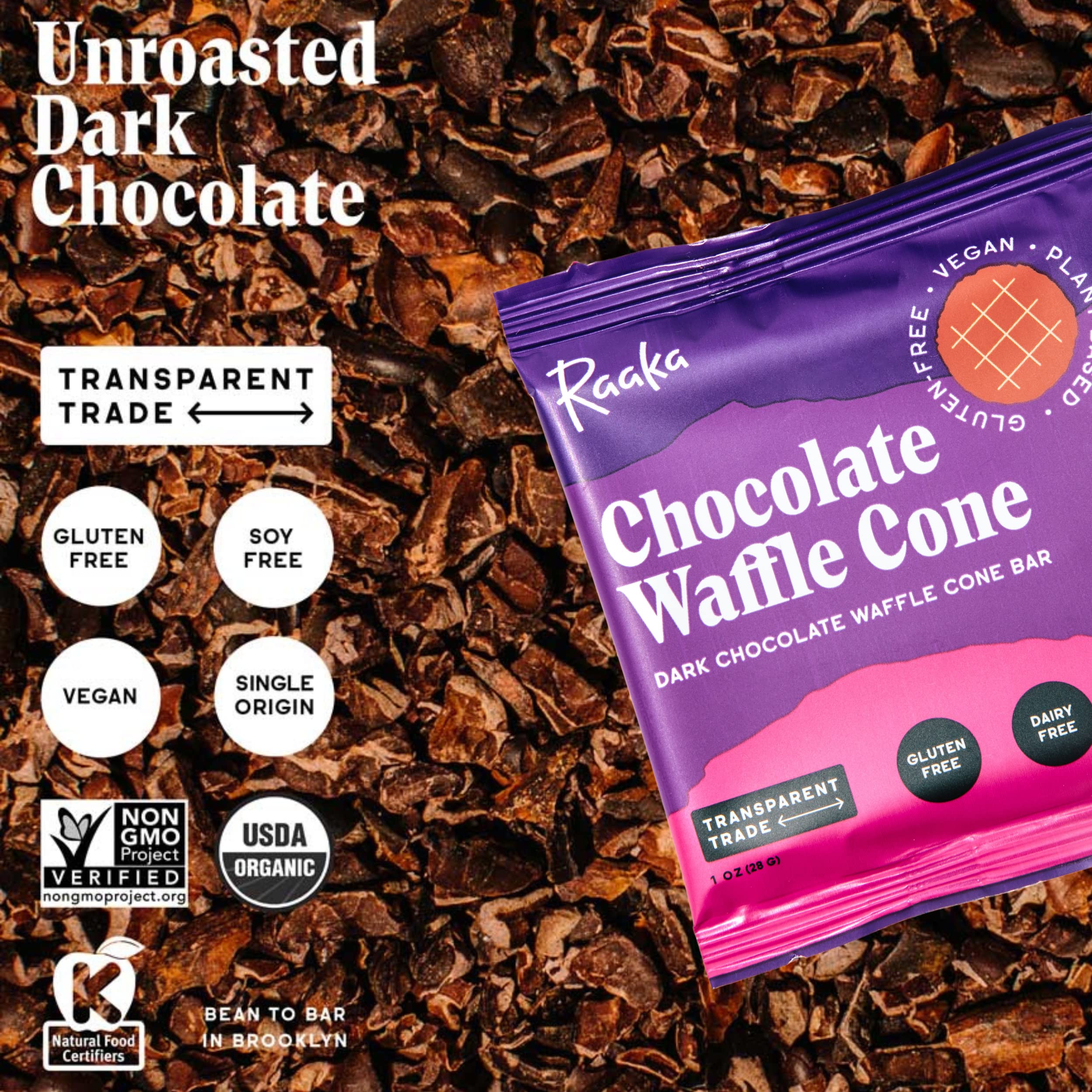 Raaka Organic Vegan Dark Chocolate Waffle Cone Bar - Fair Trade, Non-GMO, Gluten-Free, Kosher, Soy-Free Bean-to-Bar Gourmet Chocolate (10-Pack, 1.0 oz Bars) - Perfect for Gifts, Dessert Toppings & Healthy Snacking