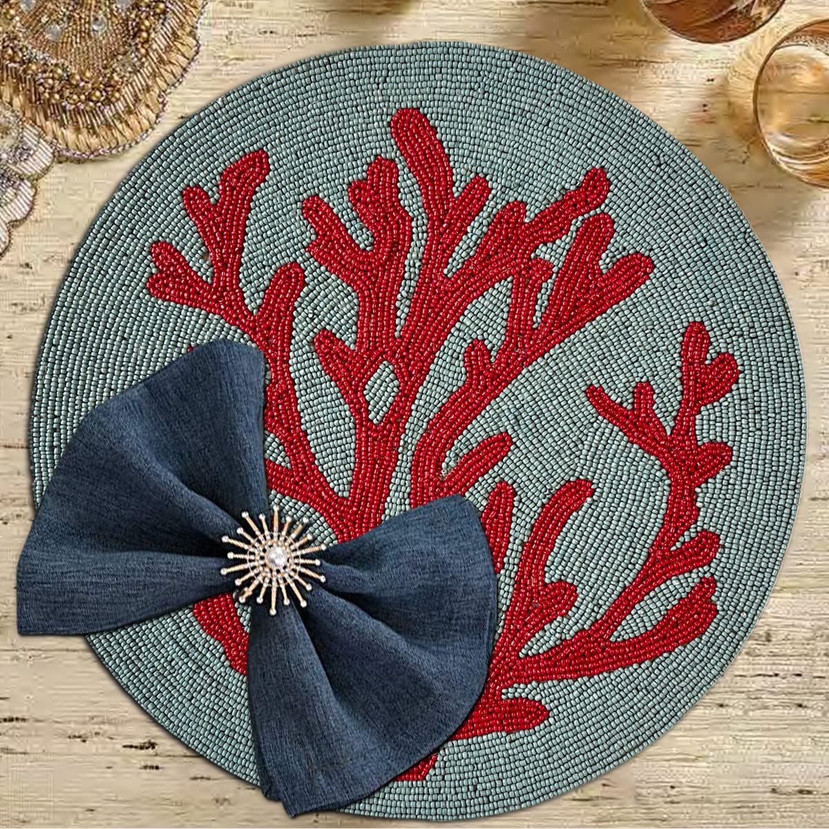 Decozen Round Beaded Placemats Set of 8 - 14 Inch Heat Resistant Charger Plates for Farmhouse Kitchen, Wedding & Valentine's Day Decor - Blue Teal Coral Home Decor | Perfect for Dinner Parties, Holiday Gatherings & Spring Table Settings