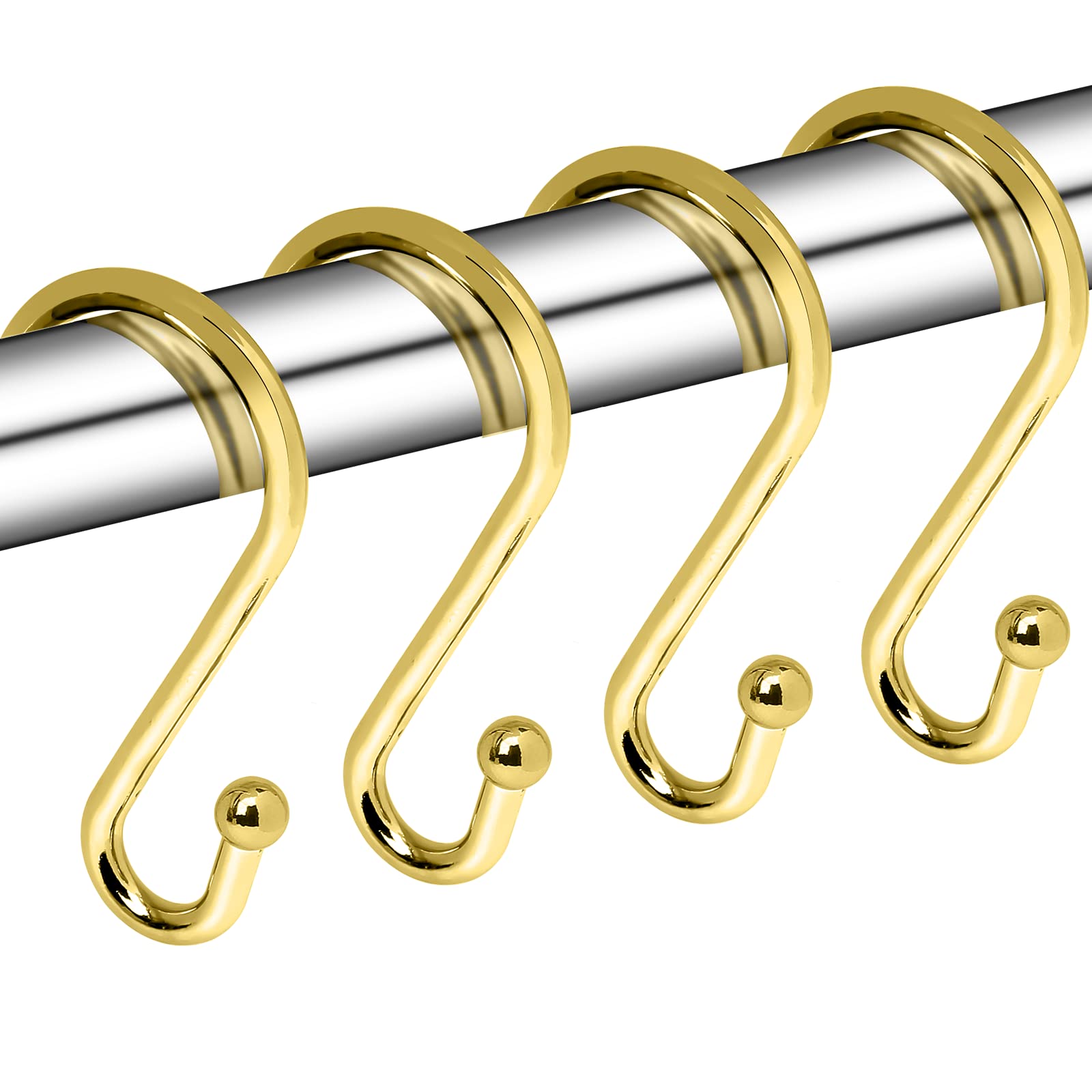 12 Pack Rust-Proof Metal Shower Curtain Hooks - Gold S-Shaped Hangers for Bathroom, Kitchen & Closet - Durable Curtain Rings for Showers, Towels, Clothes & Utensils (Perfect for Home, Dorm & RV Use)
