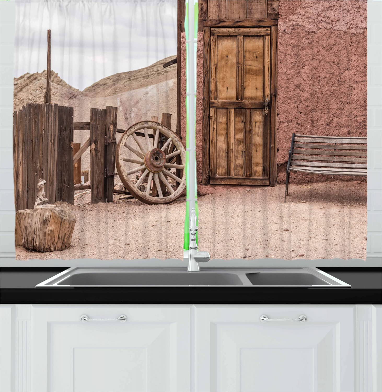 Ambesonne Rustic Barn Wood Wagon Wheel Kitchen Curtains - Farmhouse Style Long Drapes with Rod Pocket, Traditional Outdoors Design, 55