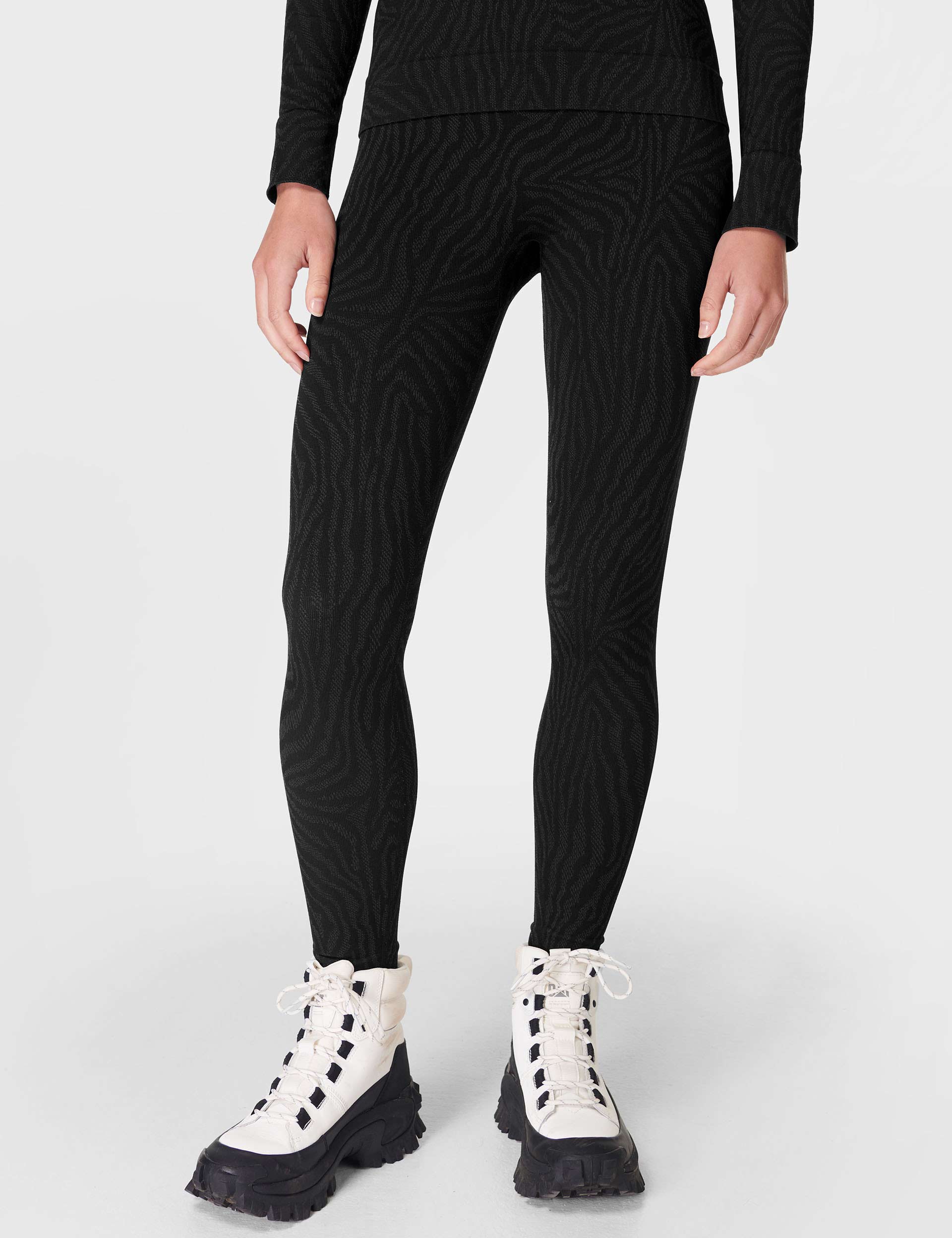 Black Zebra Print Jacquard Animal Base Layer Leggings for Women - Perfect for Yoga, Running & Winter Workouts