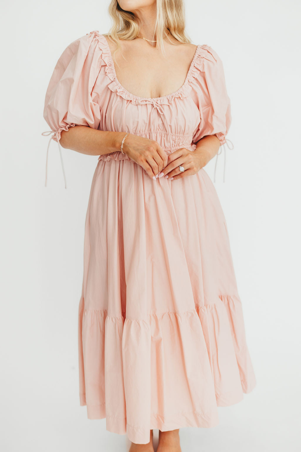 Crissy Ruched Midi Dress - 100% Cotton Bump Friendly Maternity Dress in Dusty Pink | Perfect for Baby Showers, Maternity Photos & Everyday Comfort