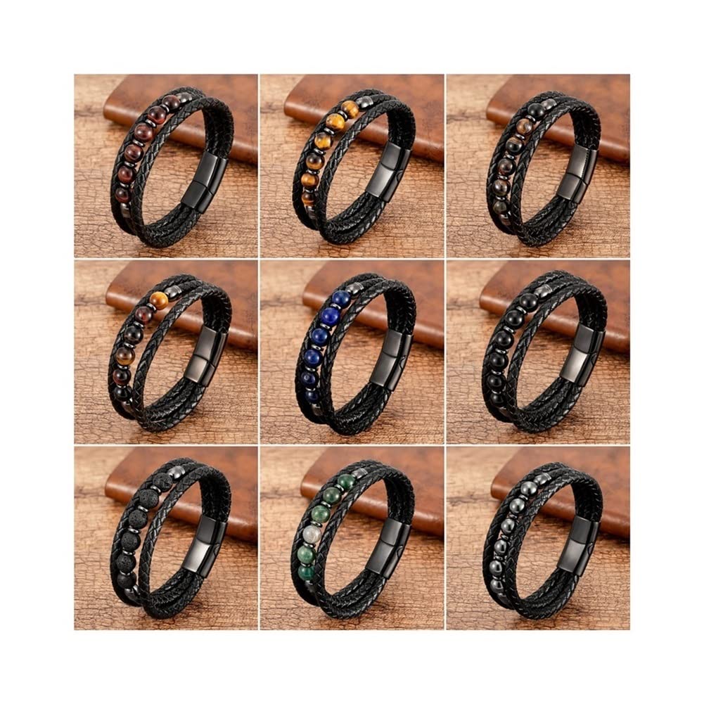 Premium Multilayer Leather & Beaded Bracelet for Men & Women - 8mm Beads, Adjustable 21cm Length, Lapis Metal Color - Perfect for Casual Wear, Gifts & Boho Fashion Accessories