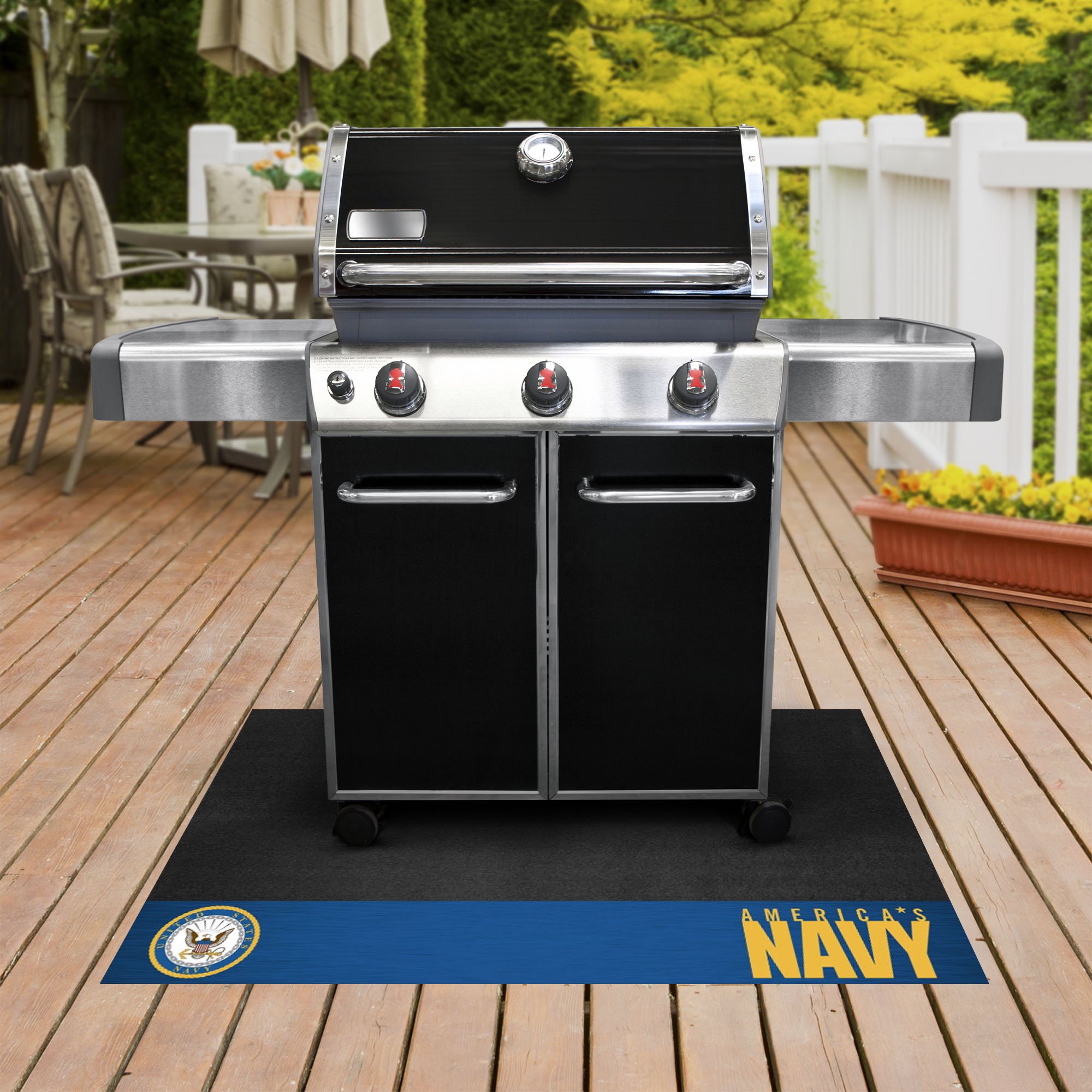 FANMATS 15699 U.S. Navy Vinyl Grill Mat - 26x42 Inch Large Outdoor BBQ Mat - Oil, Flame & UV Resistant Patio Deck Protector for Grilling, Picnics & Backyard Parties