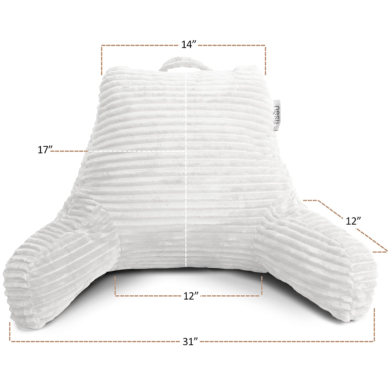 Nestl Reading Pillow for Adults - Plush Back Support Pillow with Shredded Memory Foam, Armrests & Storage Pockets - Perfect for Reading in Bed, Watching TV or Relaxing - White Bed Rest Pillow